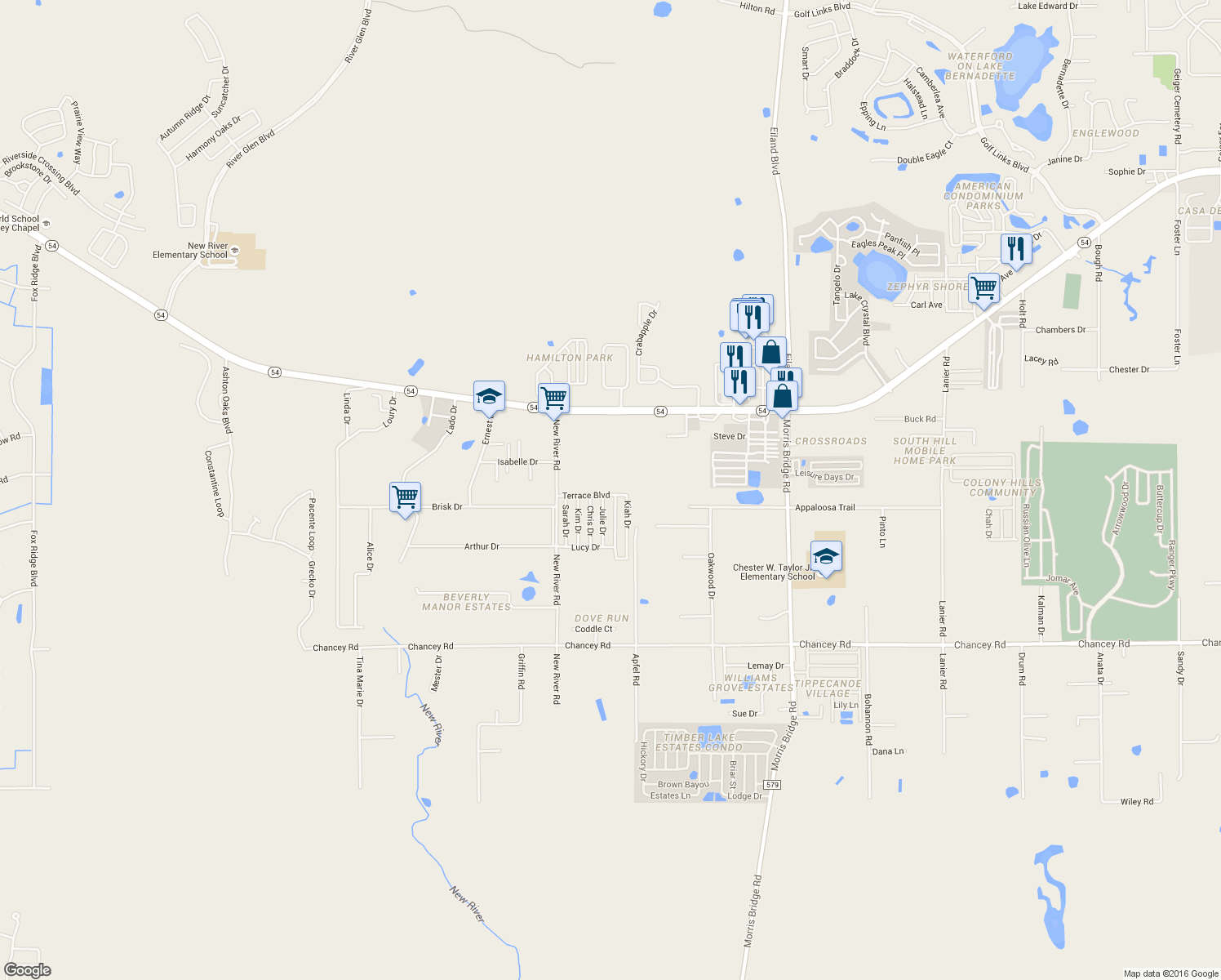 map of restaurants, bars, coffee shops, grocery stores, and more near 33913 Terrace Boulevard in Zephyrhills