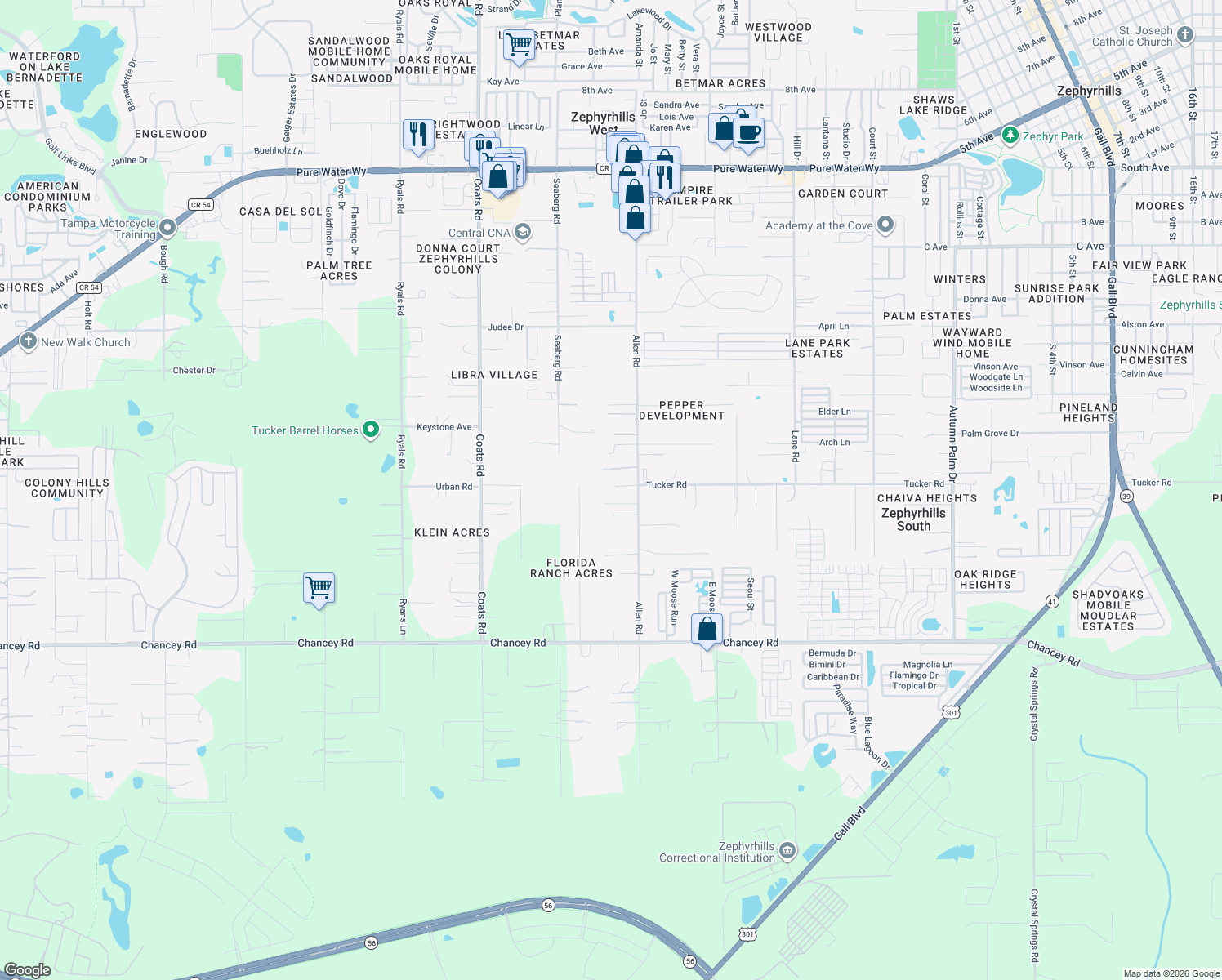 map of restaurants, bars, coffee shops, grocery stores, and more near 3951 Allen Road in Zephyrhills