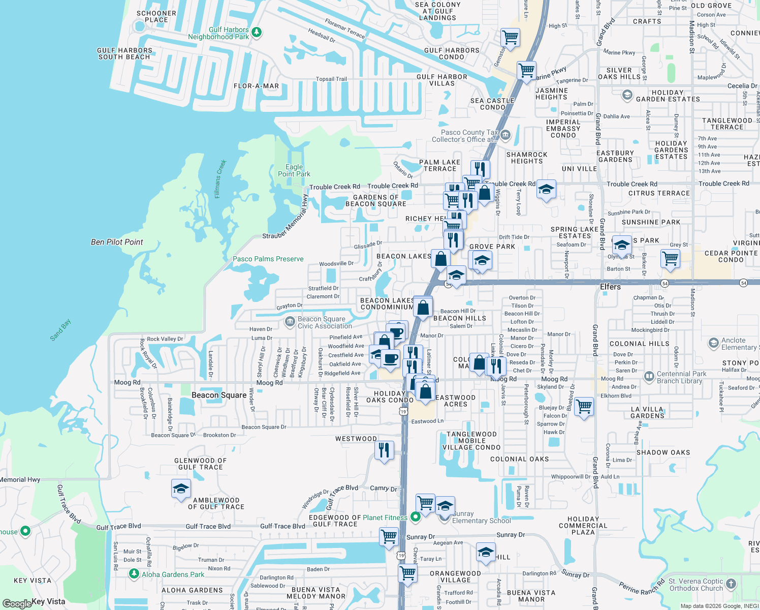 map of restaurants, bars, coffee shops, grocery stores, and more near 3847 Lighthouse Way in New Port Richey