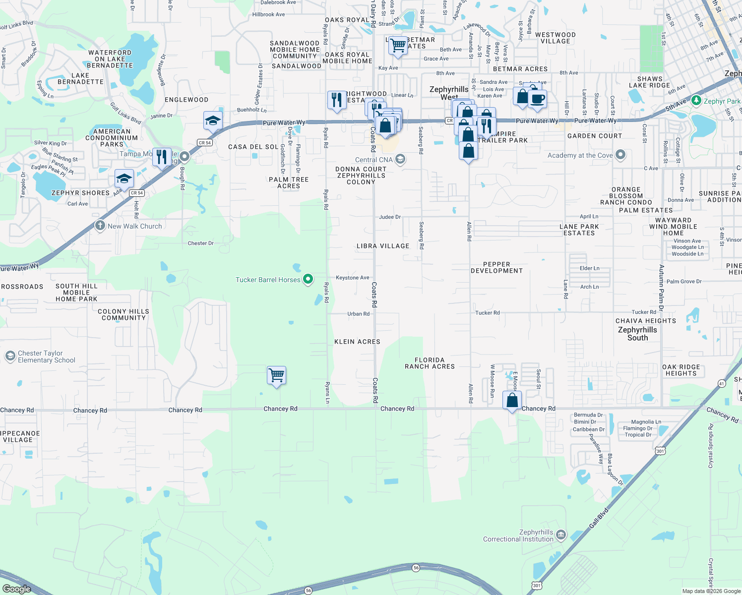 map of restaurants, bars, coffee shops, grocery stores, and more near 4047 Coats Road in Zephyrhills
