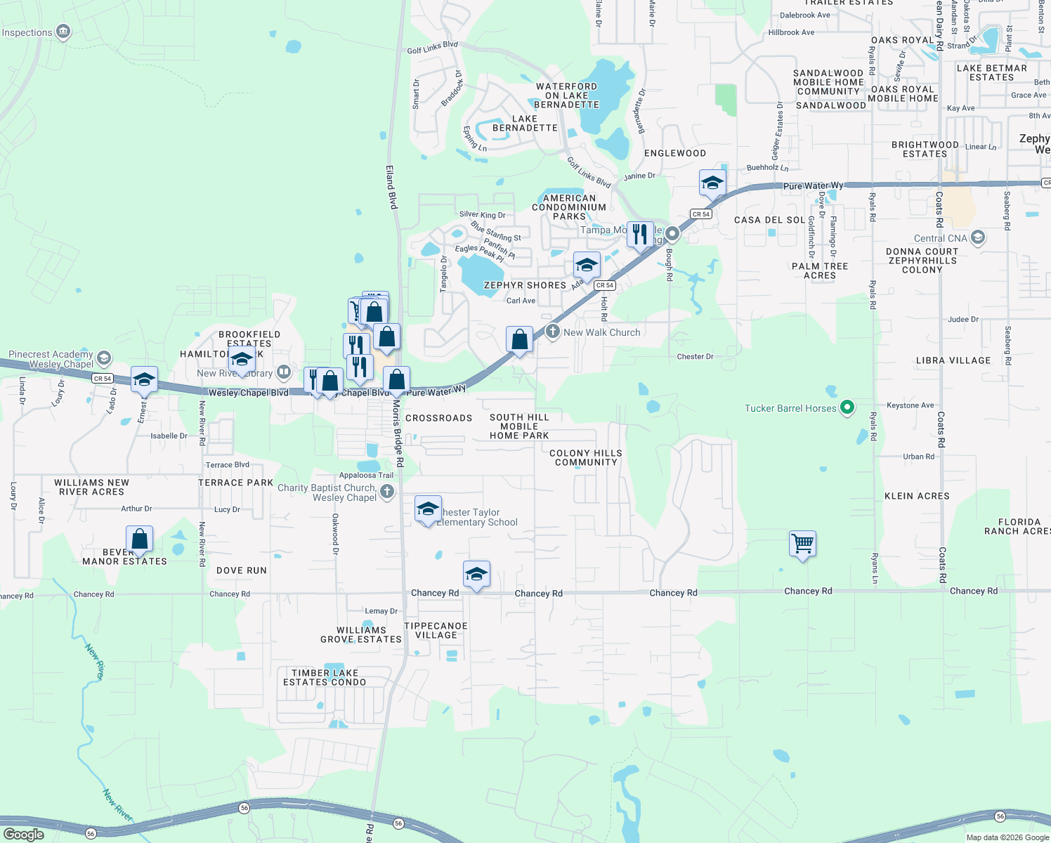 map of restaurants, bars, coffee shops, grocery stores, and more near 34935 Fun Way in Zephyrhills