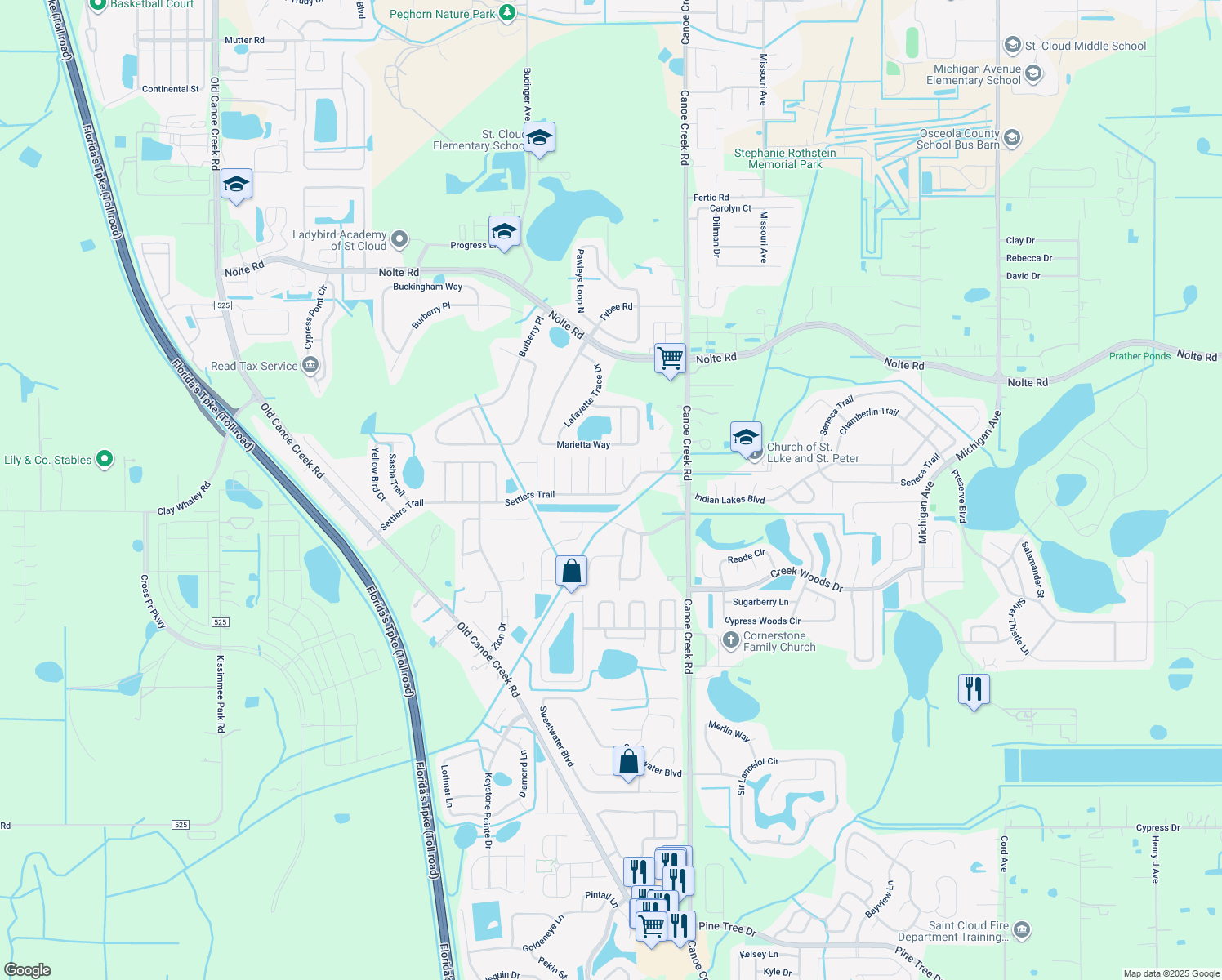 map of restaurants, bars, coffee shops, grocery stores, and more near 4215 Turtle Grass Ct in St Cloud