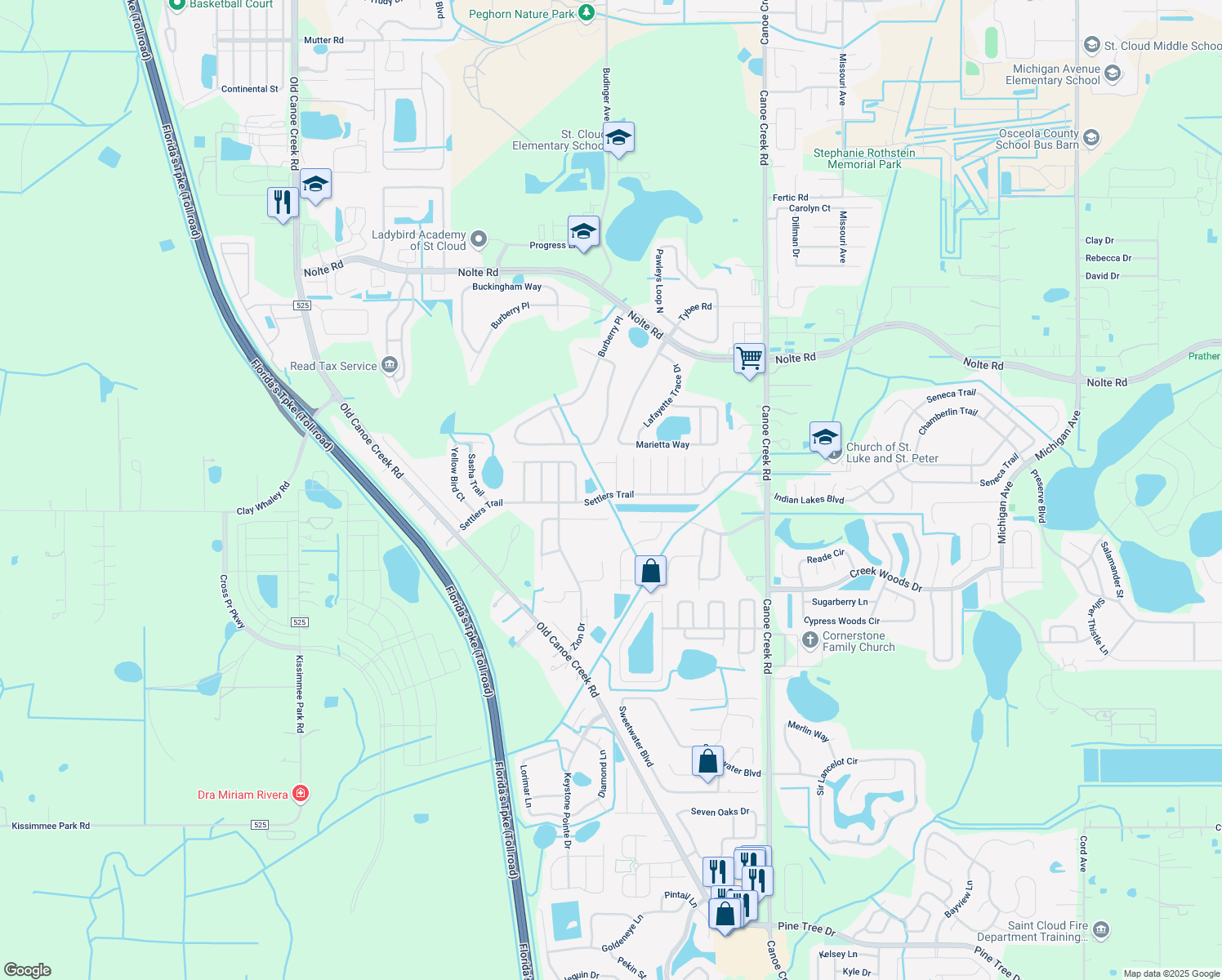 map of restaurants, bars, coffee shops, grocery stores, and more near 4214 Lavender Way in St. Cloud