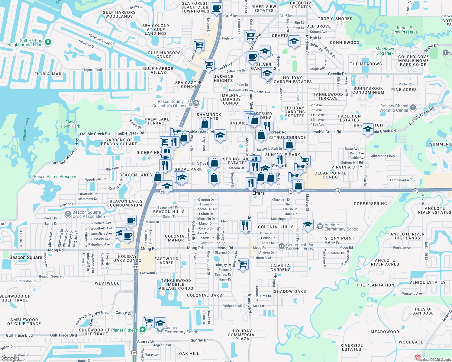 map of restaurants, bars, coffee shops, grocery stores, and more near 5253 Devries Drive in New Port Richey