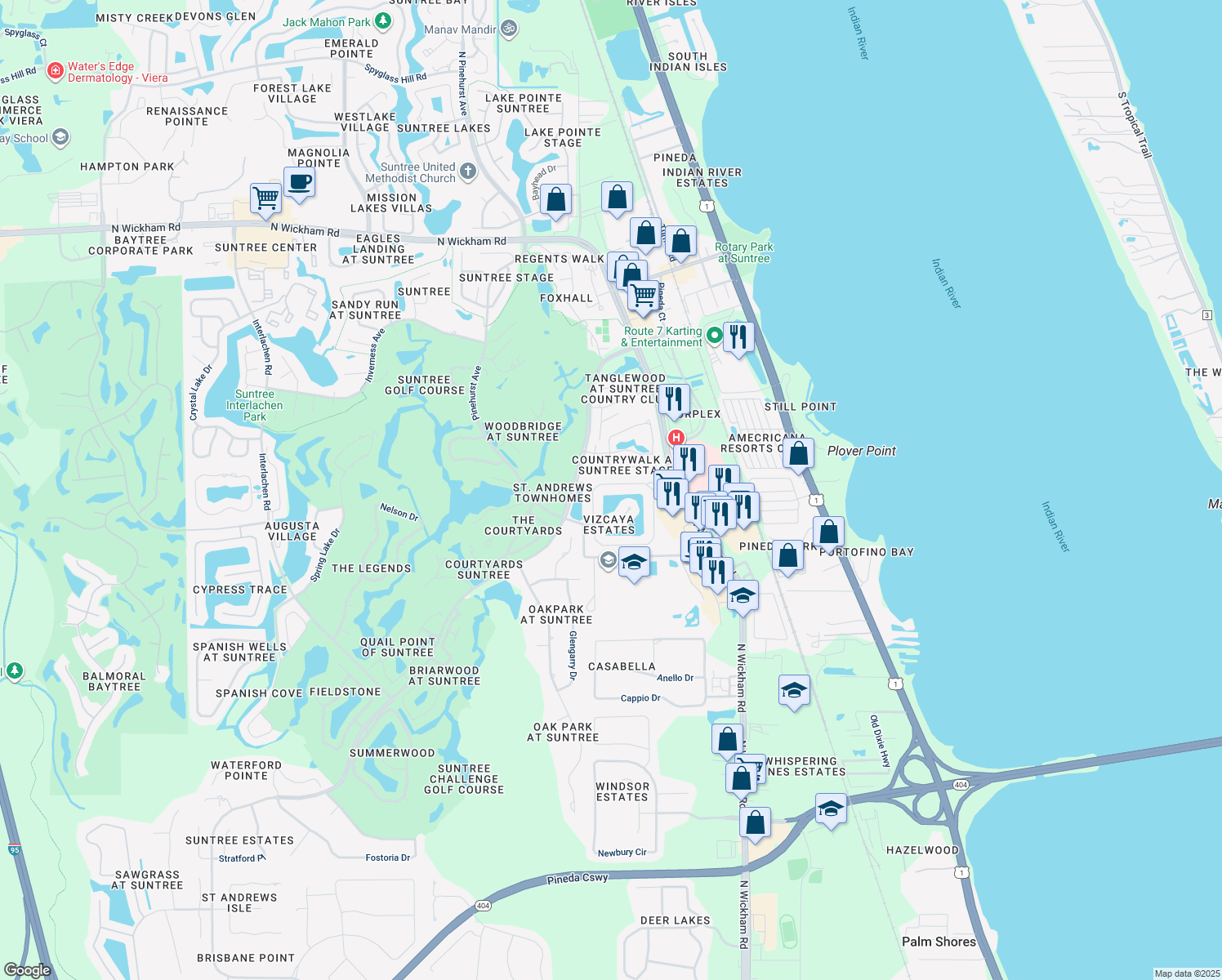 map of restaurants, bars, coffee shops, grocery stores, and more near 363 Lake Victoria Circle in Melbourne