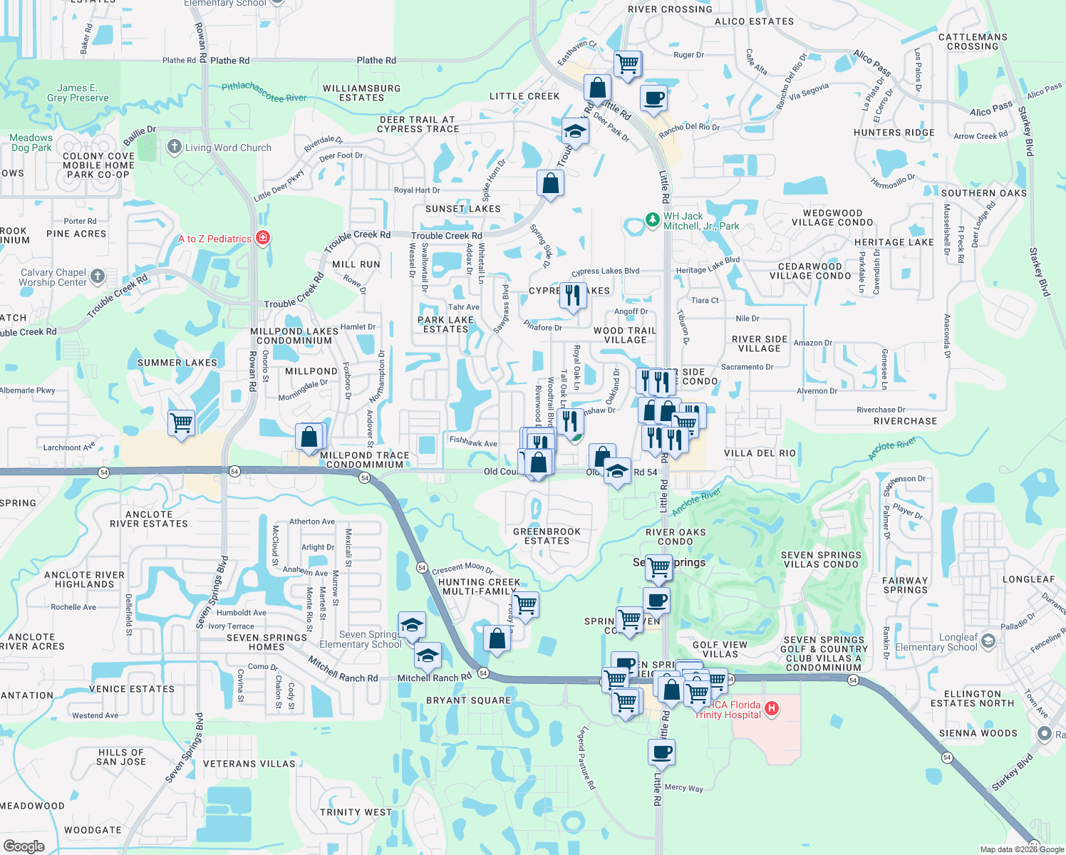 map of restaurants, bars, coffee shops, grocery stores, and more near 4131 Riverwood Drive in New Port Richey