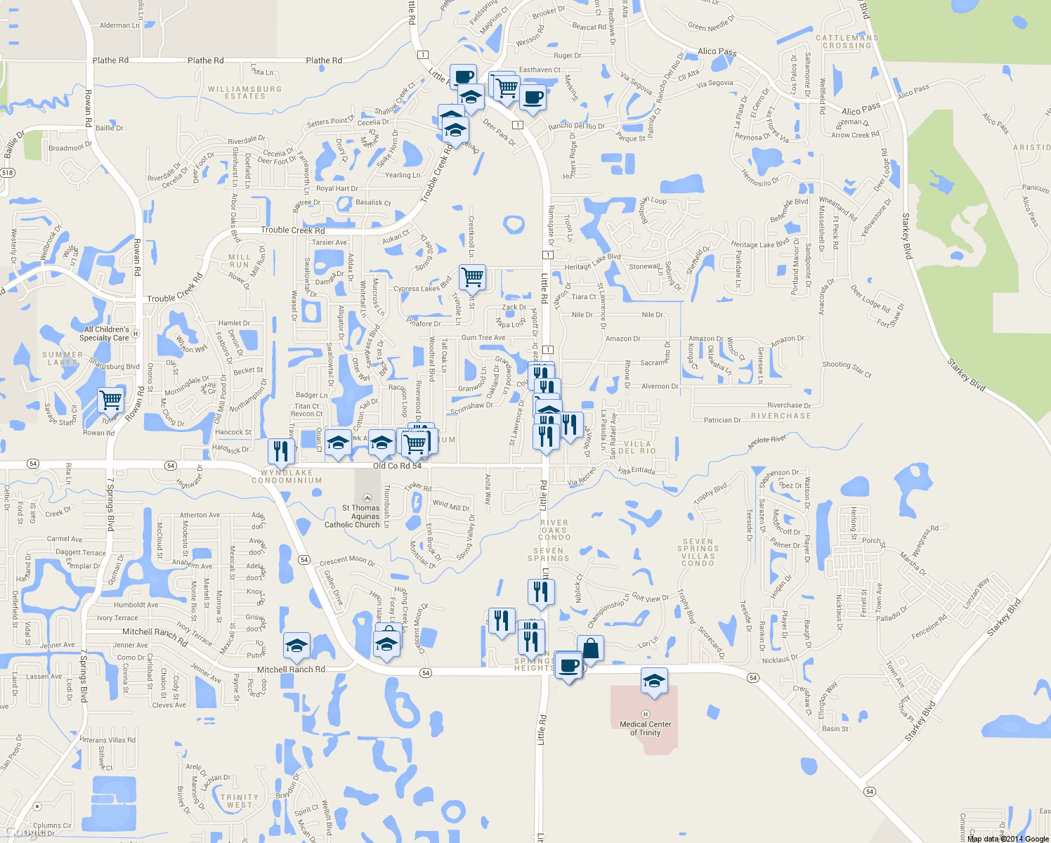 map of restaurants, bars, coffee shops, grocery stores, and more near 4130 Passport Lane in New Port Richey