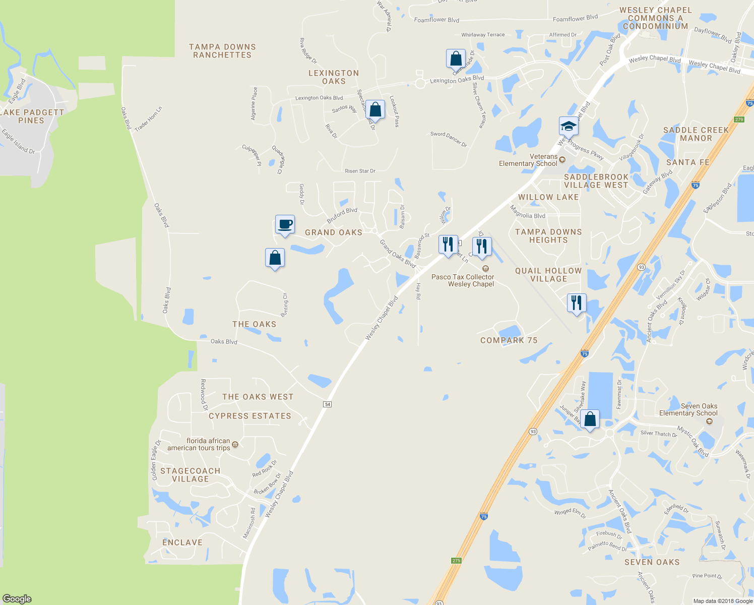 map of restaurants, bars, coffee shops, grocery stores, and more near in Pasco County