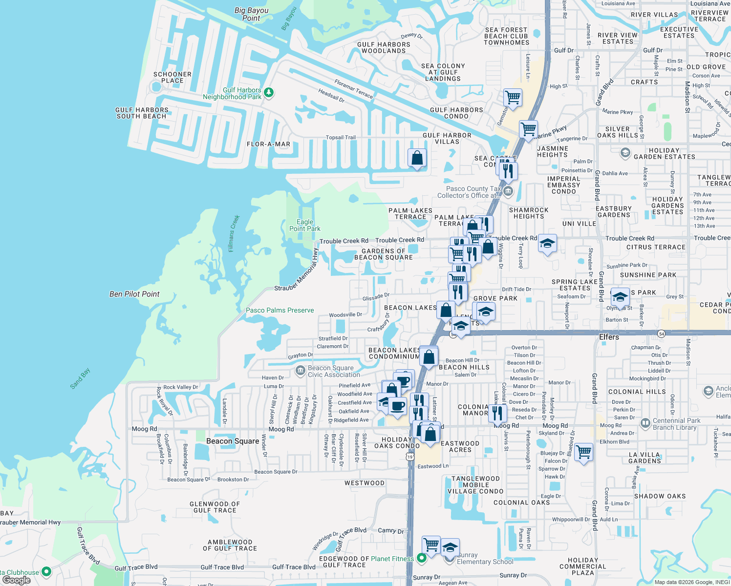 map of restaurants, bars, coffee shops, grocery stores, and more near 4209 Tamargo Drive in New Port Richey