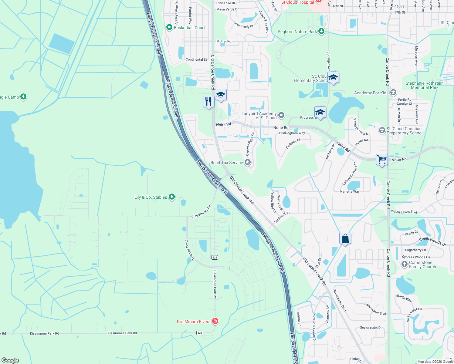 map of restaurants, bars, coffee shops, grocery stores, and more near 3300 Old Canoe Creek Road in St. Cloud