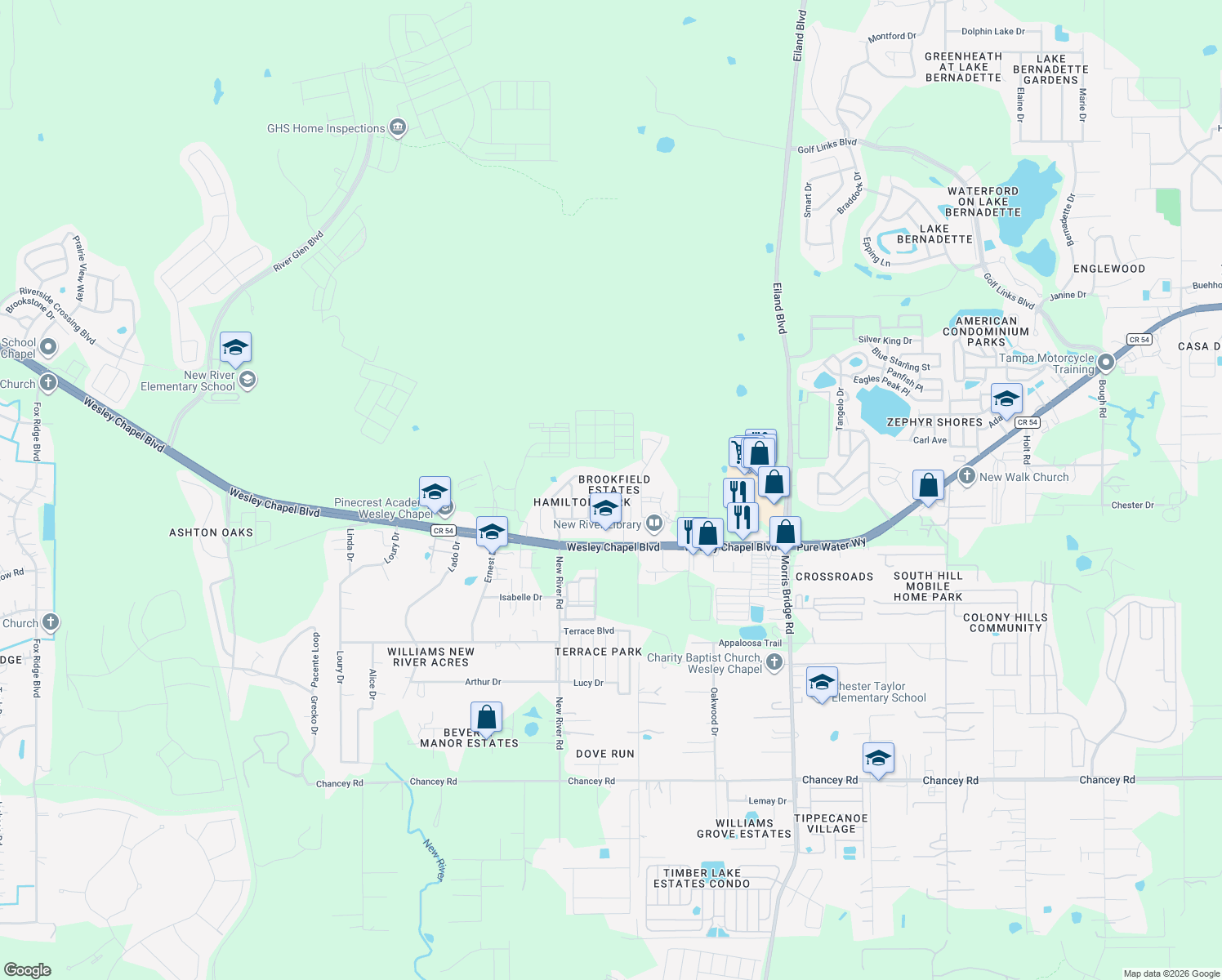 map of restaurants, bars, coffee shops, grocery stores, and more near 4354 Fieldview Circle in Wesley Chapel