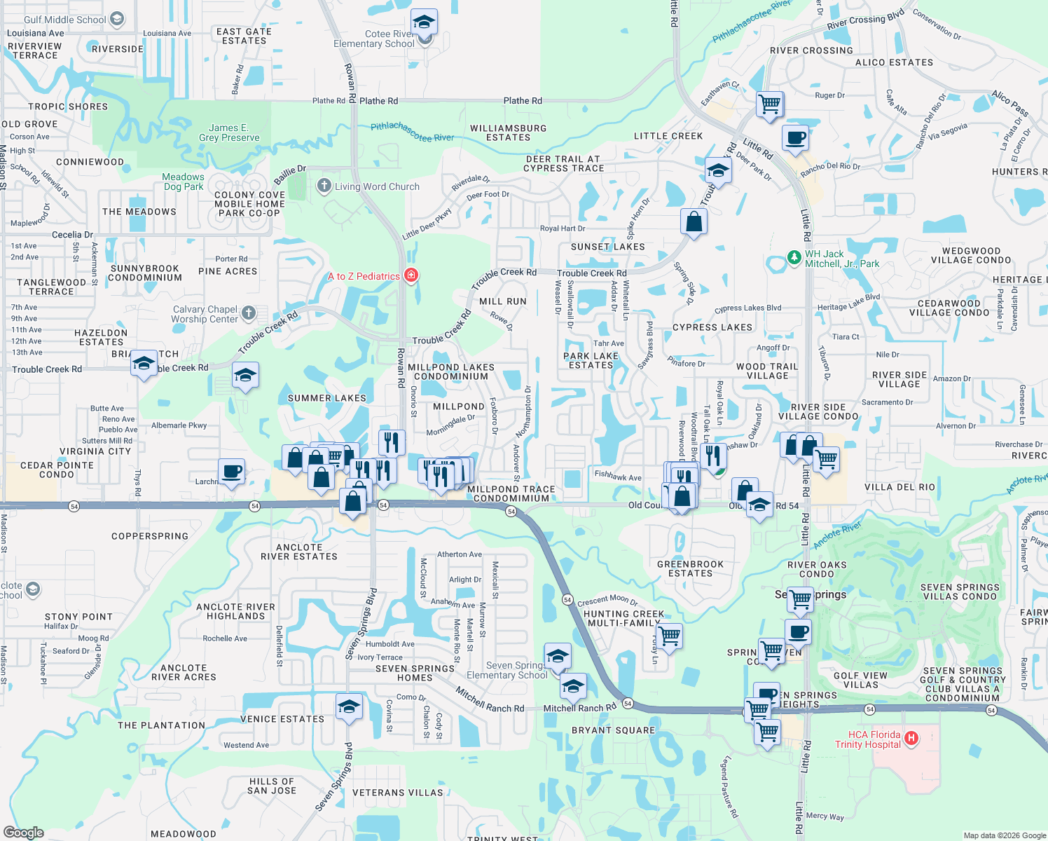 map of restaurants, bars, coffee shops, grocery stores, and more near 4305 Northampton Drive in New Port Richey