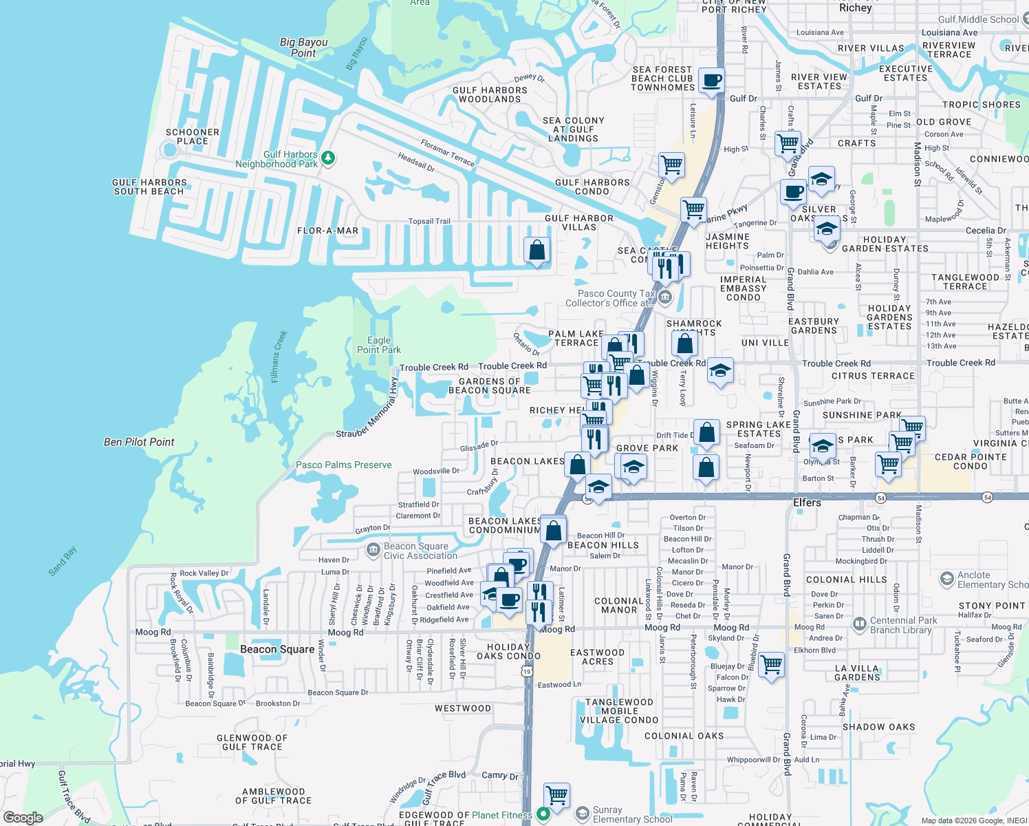 map of restaurants, bars, coffee shops, grocery stores, and more near 4443 Tucker Square in New Port Richey