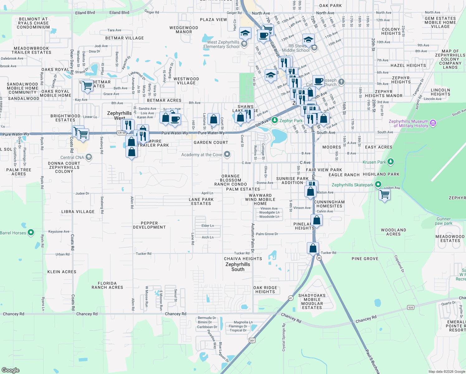 map of restaurants, bars, coffee shops, grocery stores, and more near 37821 Alissa Drive in Zephyrhills