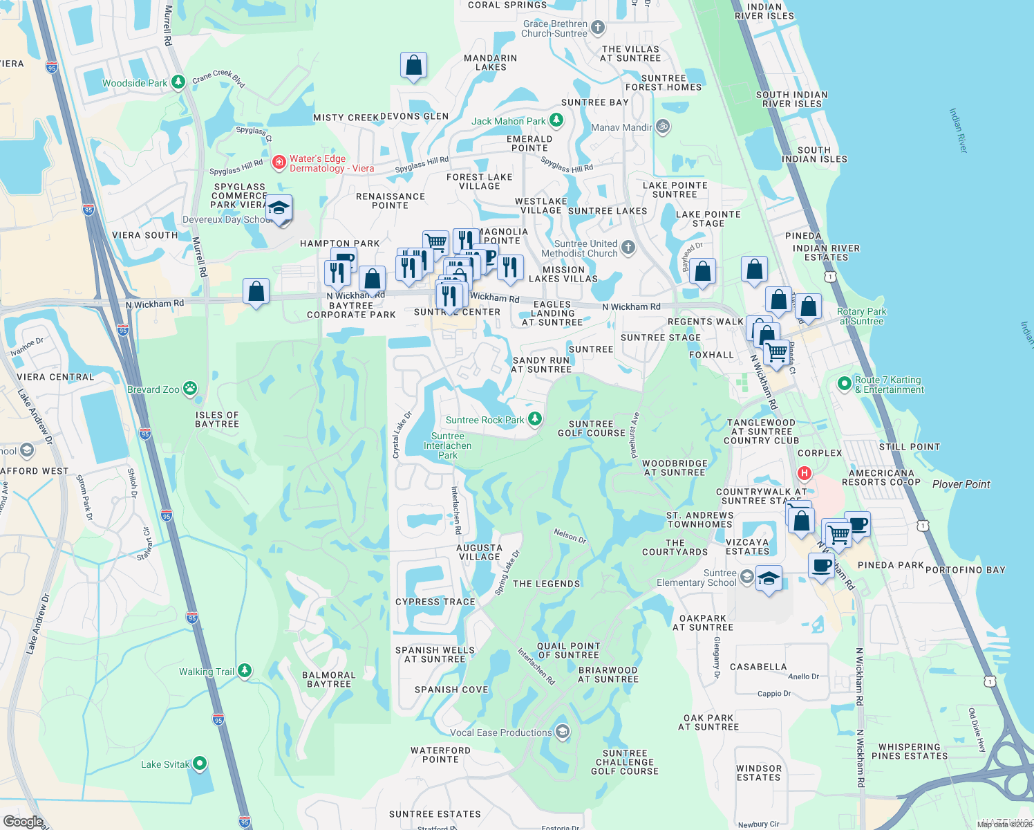 map of restaurants, bars, coffee shops, grocery stores, and more near 1070 Park Ridge Place in Melbourne