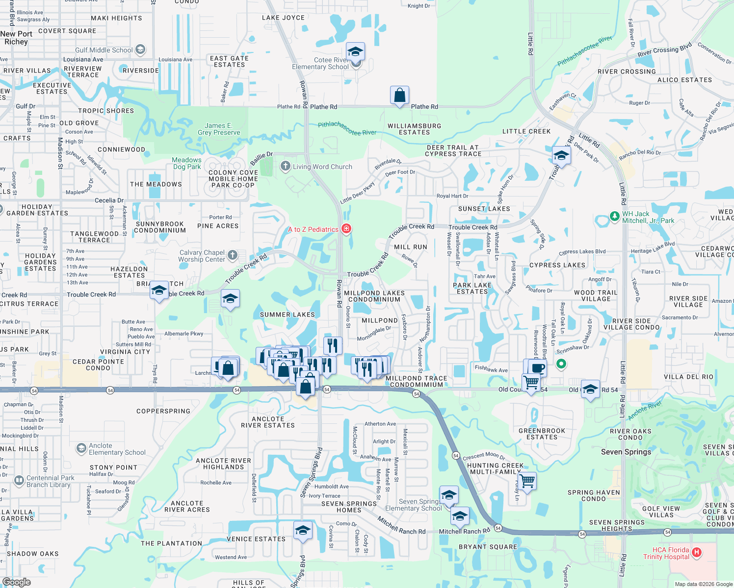 map of restaurants, bars, coffee shops, grocery stores, and more near 4407 Whitton Way in New Port Richey