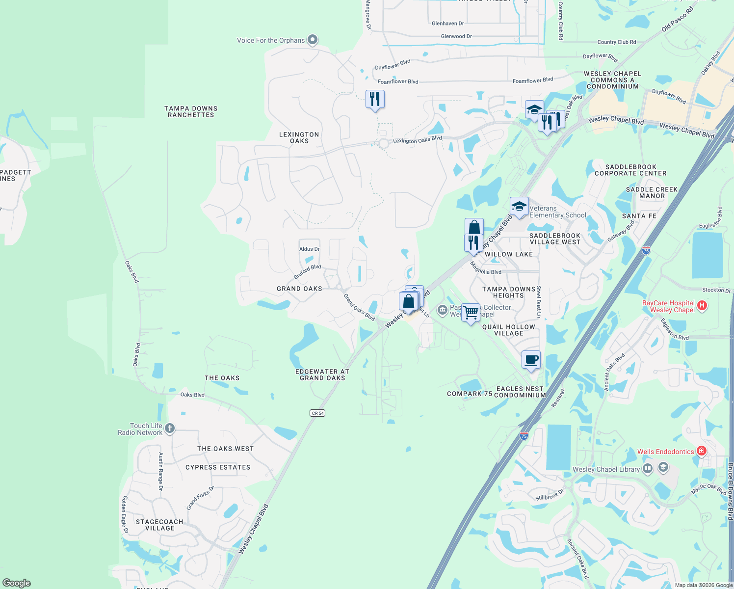 map of restaurants, bars, coffee shops, grocery stores, and more near 26035 Loblolly Lane in Pasco County