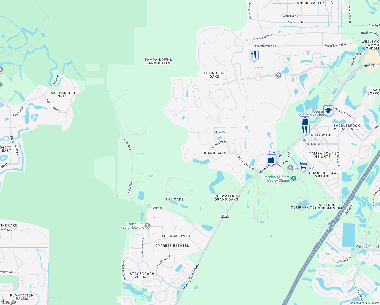 map of restaurants, bars, coffee shops, grocery stores, and more near 25423 Bruford Boulevard in Pasco County