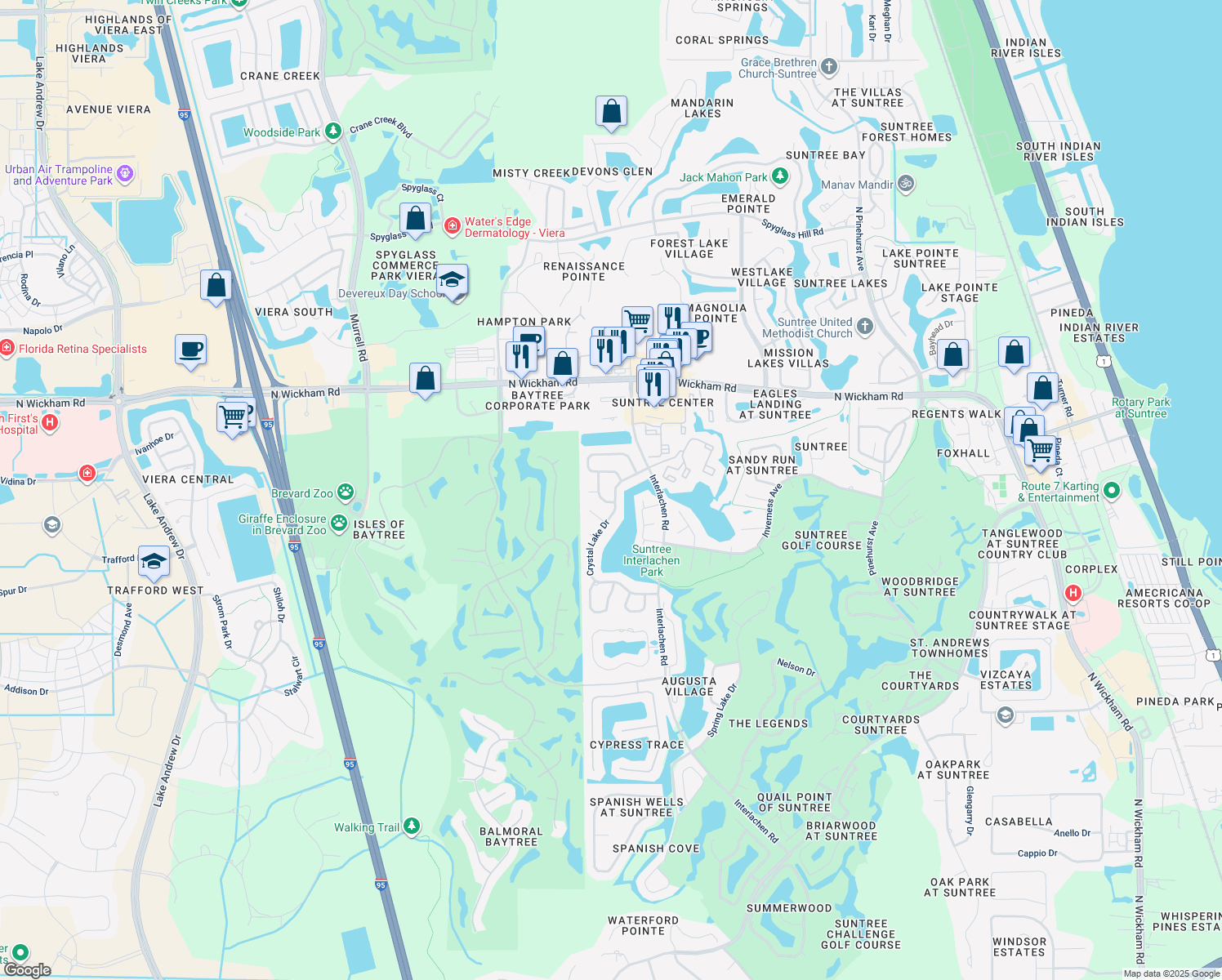 map of restaurants, bars, coffee shops, grocery stores, and more near 358 Crystal Lake Drive in Melbourne