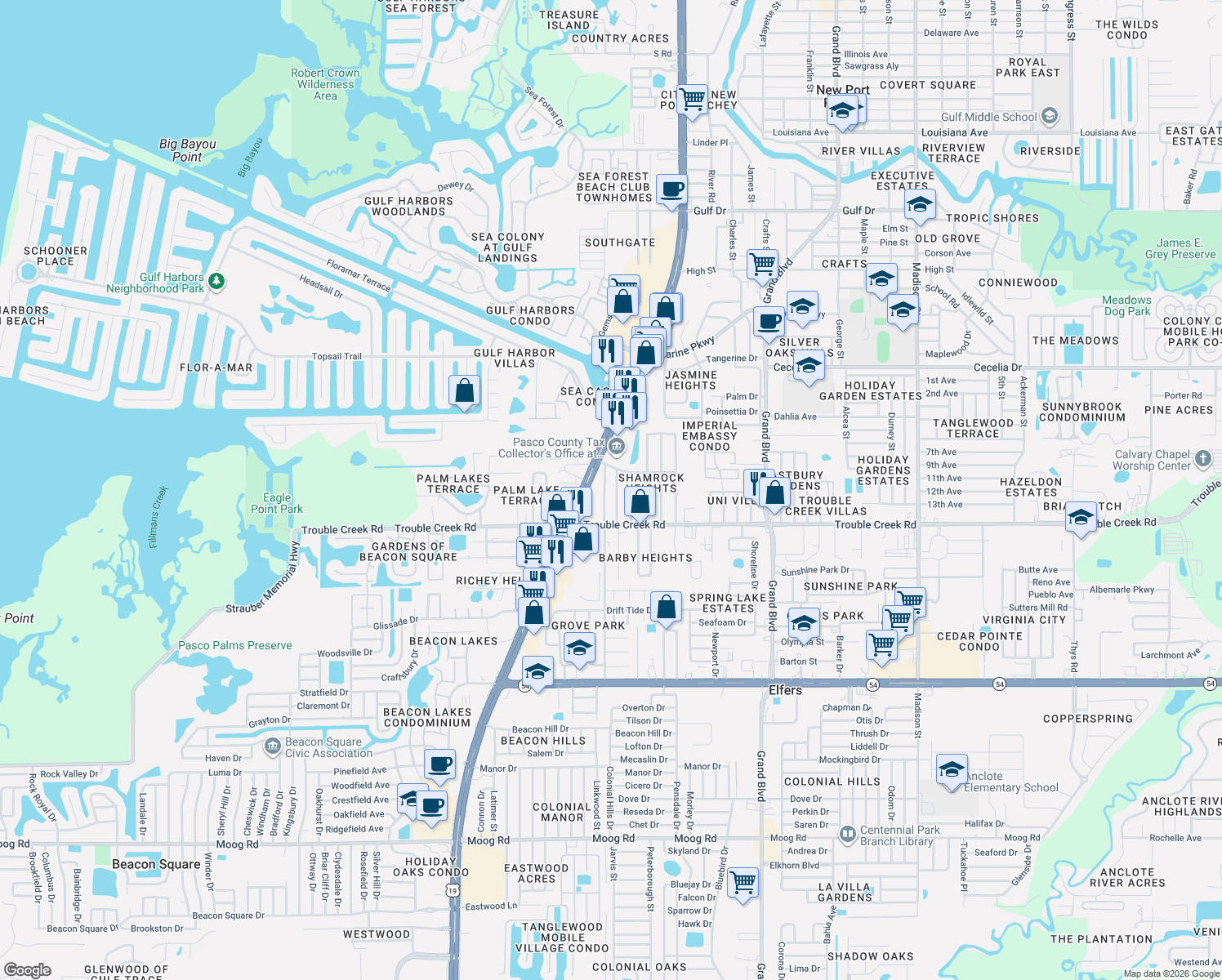 map of restaurants, bars, coffee shops, grocery stores, and more near 4607 Pirate Place in New Port Richey