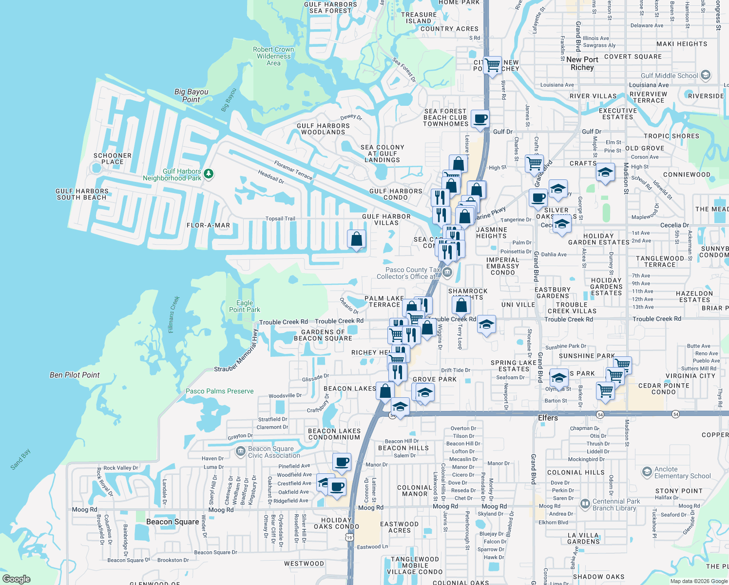 map of restaurants, bars, coffee shops, grocery stores, and more near 4553 Edith Street in New Port Richey