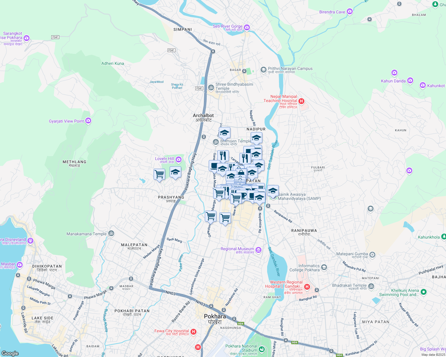 map of restaurants, bars, coffee shops, grocery stores, and more near Gairapatan Road in Pokhara