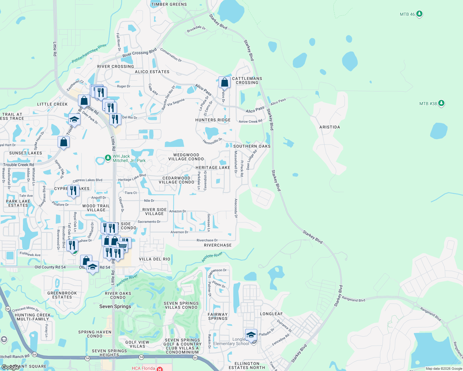 map of restaurants, bars, coffee shops, grocery stores, and more near 4644 Sandpointe Drive in New Port Richey