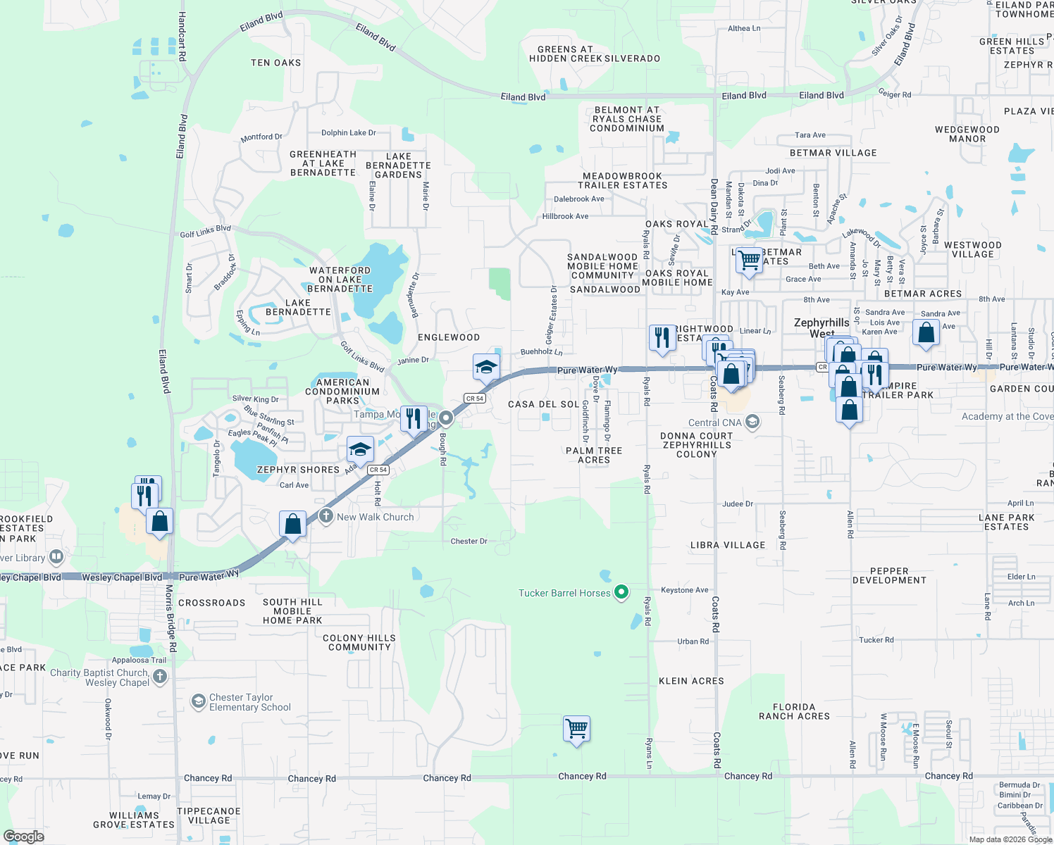 map of restaurants, bars, coffee shops, grocery stores, and more near 35804 Brisa Drive in Zephyrhills