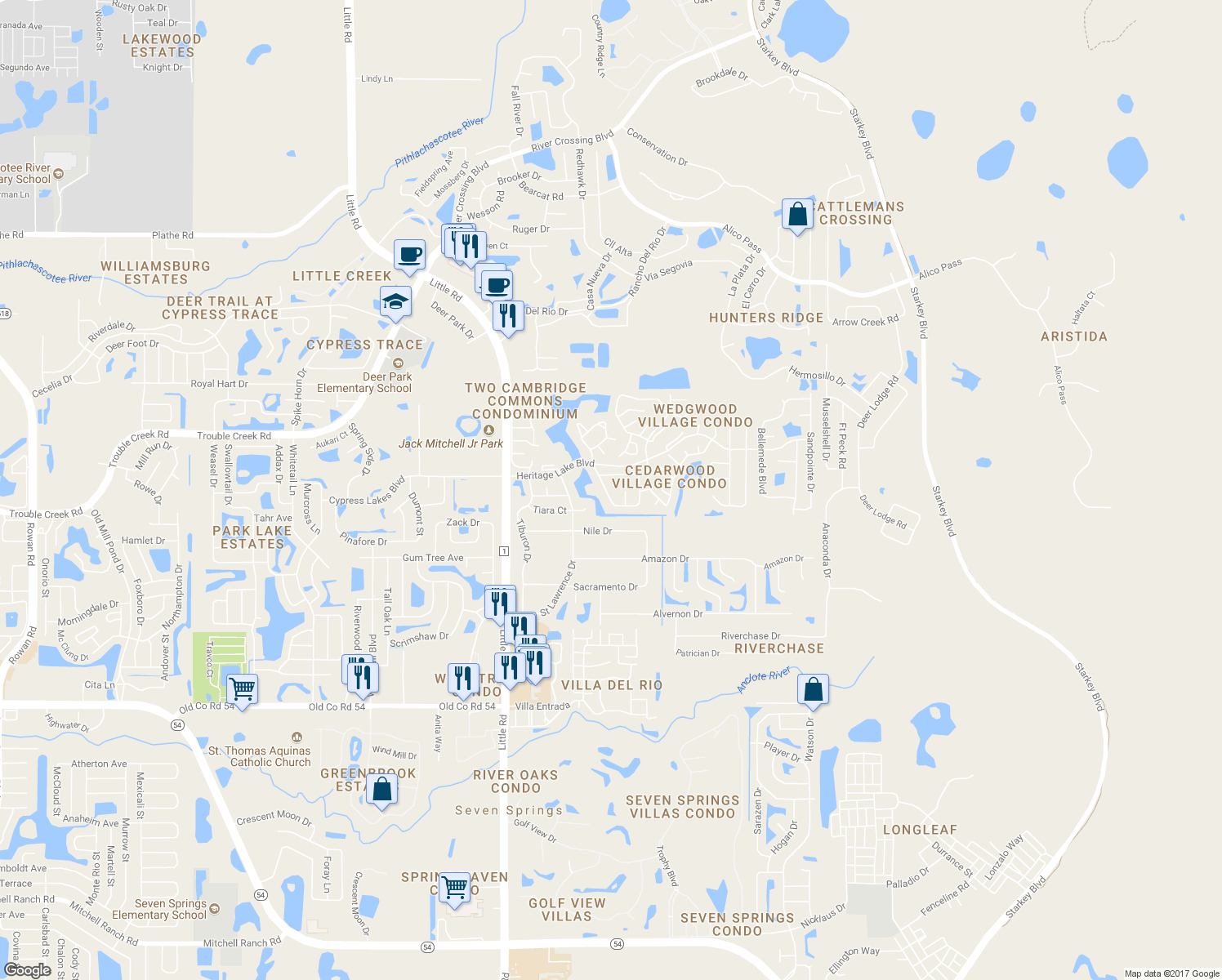 map of restaurants, bars, coffee shops, grocery stores, and more near 4650 Coachmen Road in New Port Richey