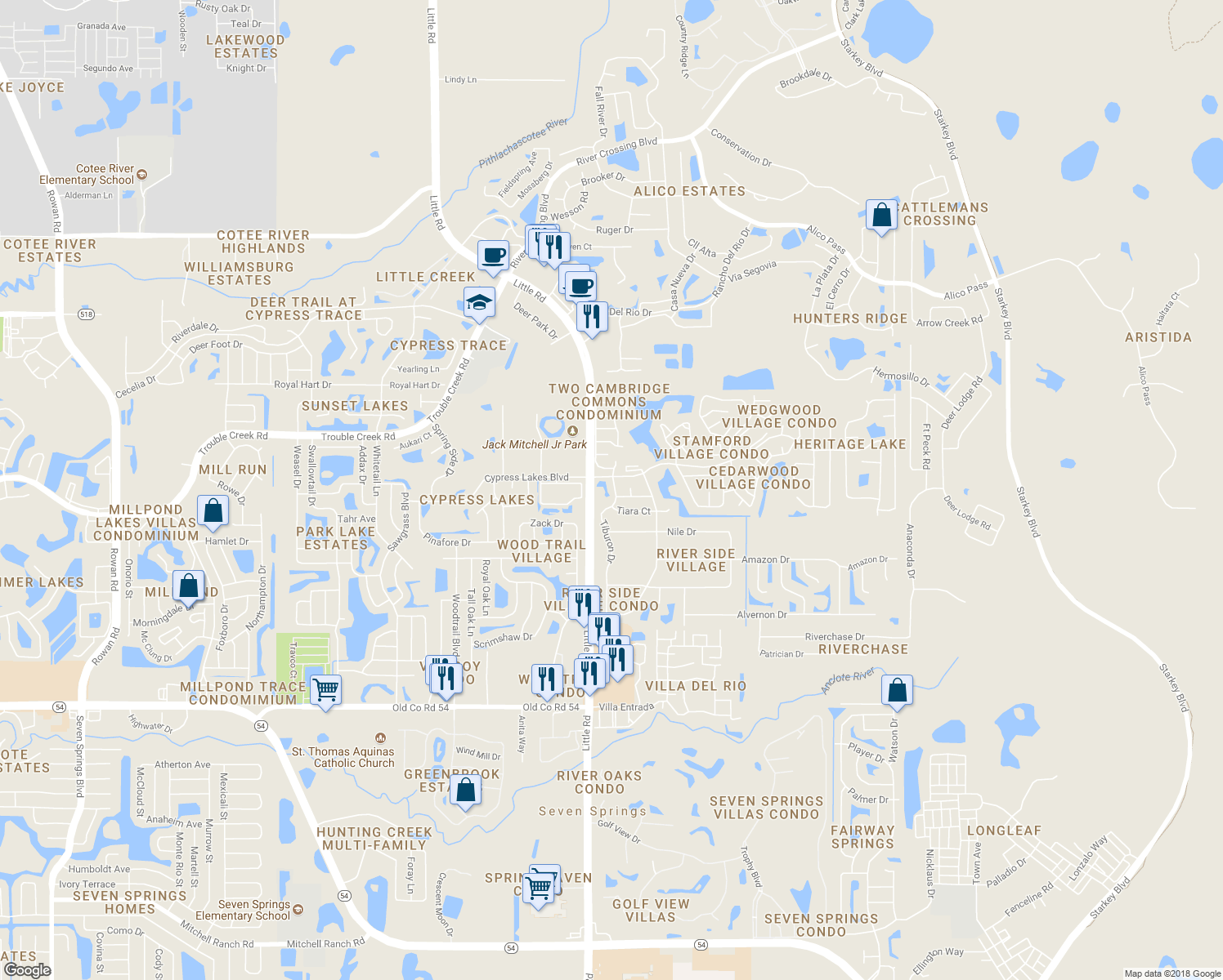 map of restaurants, bars, coffee shops, grocery stores, and more near 4661 Tiburon Drive in New Port Richey