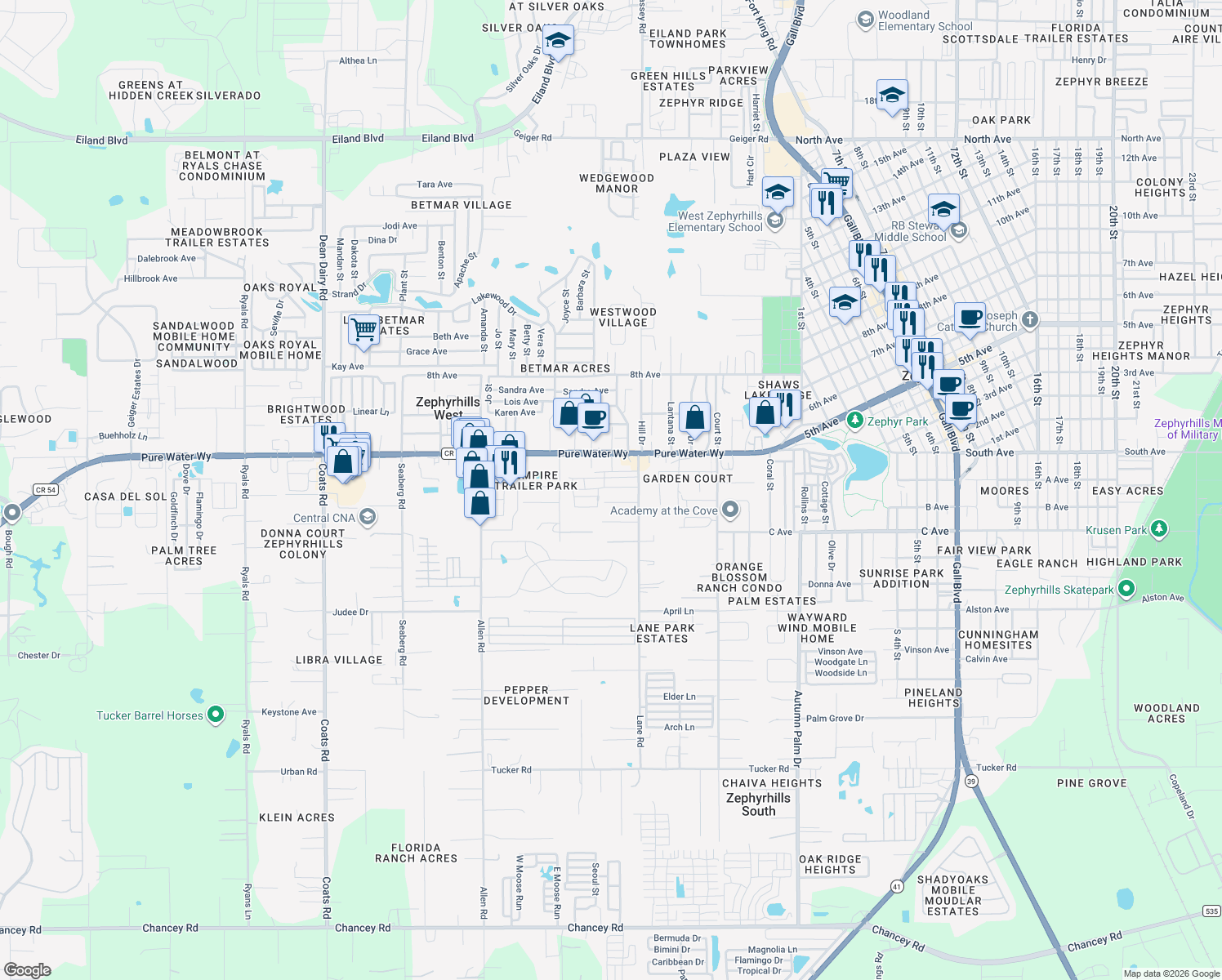 map of restaurants, bars, coffee shops, grocery stores, and more near 37402 Hammond Drive in Zephyrhills