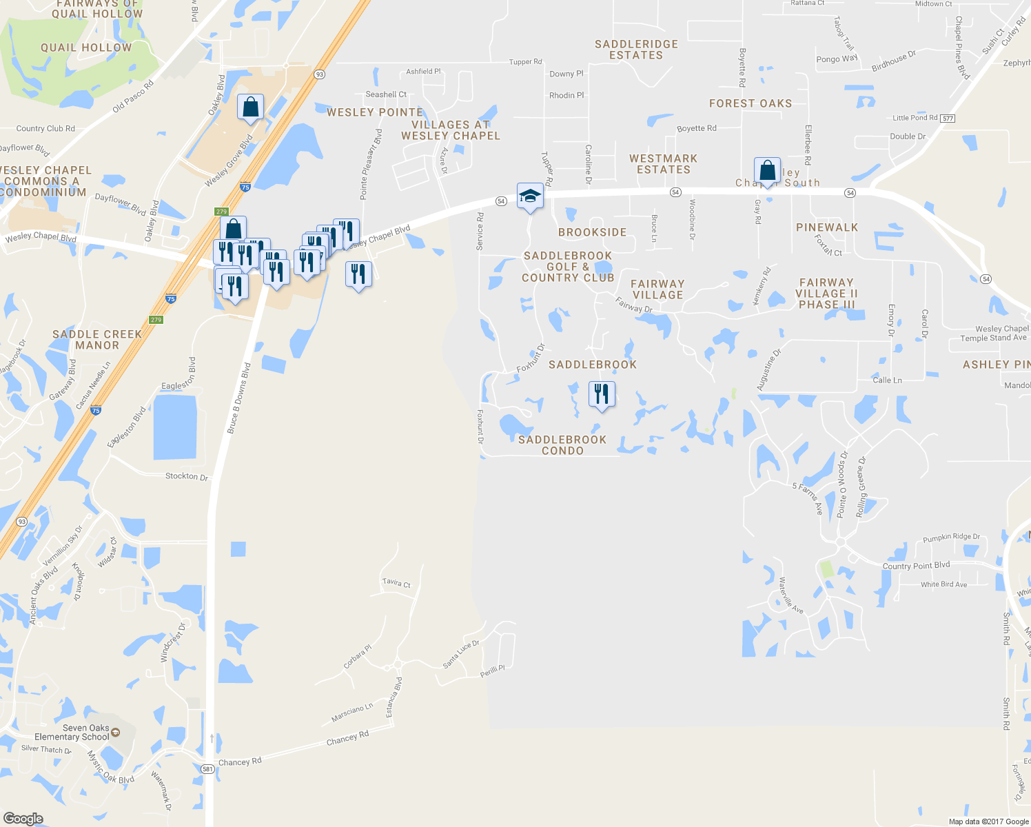 map of restaurants, bars, coffee shops, grocery stores, and more near 29230 Bay Hollow Drive in Zephyrhills