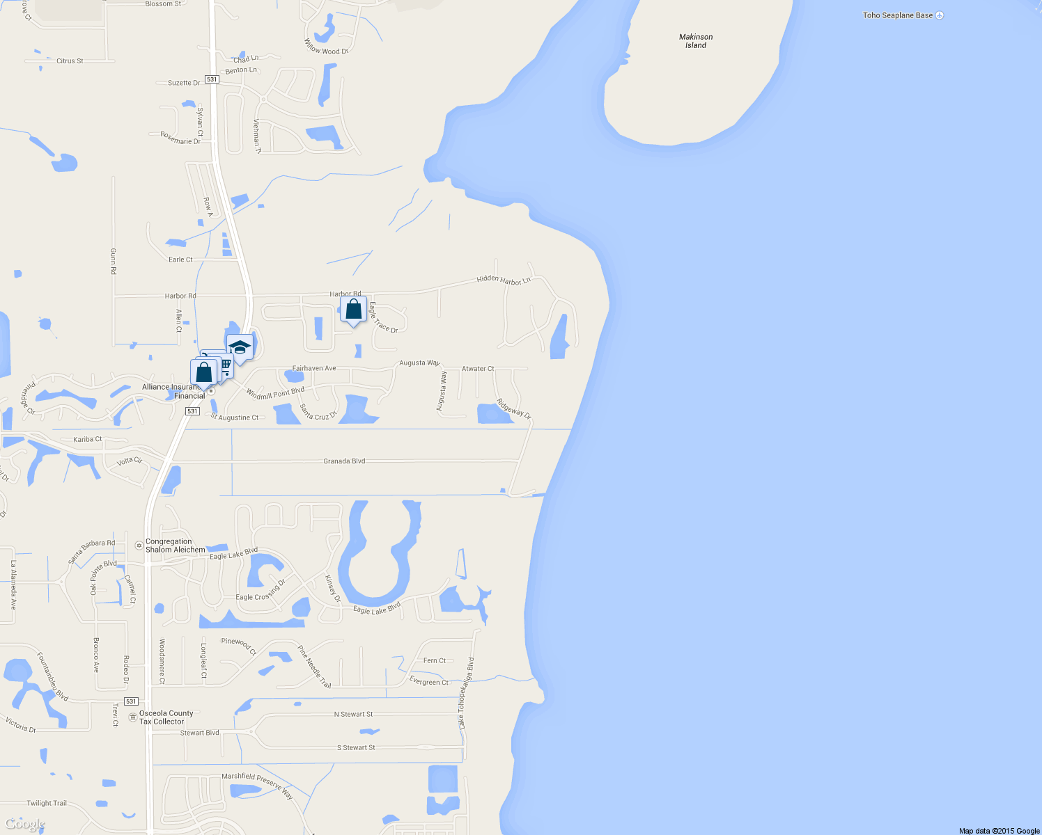 map of restaurants, bars, coffee shops, grocery stores, and more near 2424 Ridgeway Drive in Kissimmee