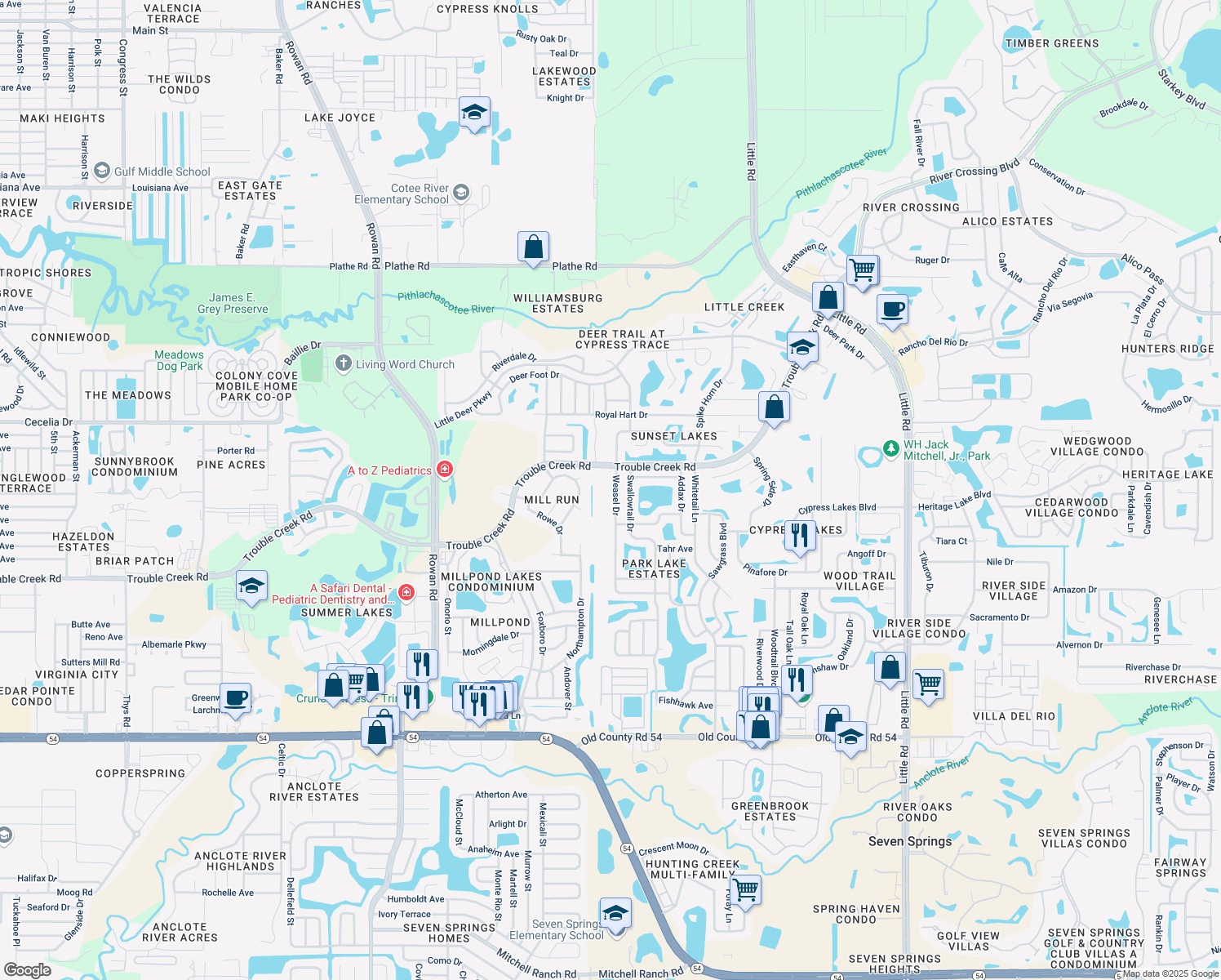 map of restaurants, bars, coffee shops, grocery stores, and more near 4745 Weasel Dr in New Port Richey
