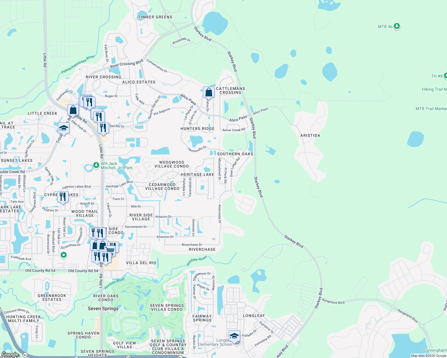 map of restaurants, bars, coffee shops, grocery stores, and more near 4749 Fort Peck Road in New Port Richey