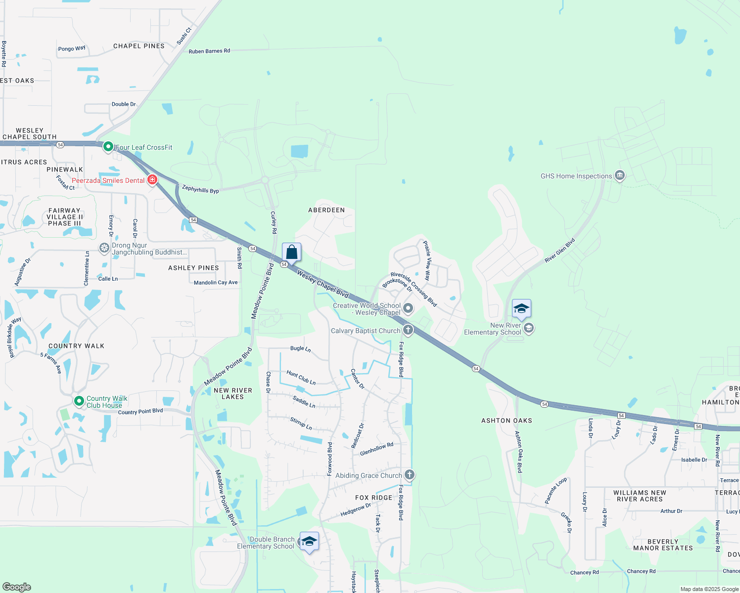 map of restaurants, bars, coffee shops, grocery stores, and more near 31911 Riverside Crossing Boulevard in Wesley Chapel