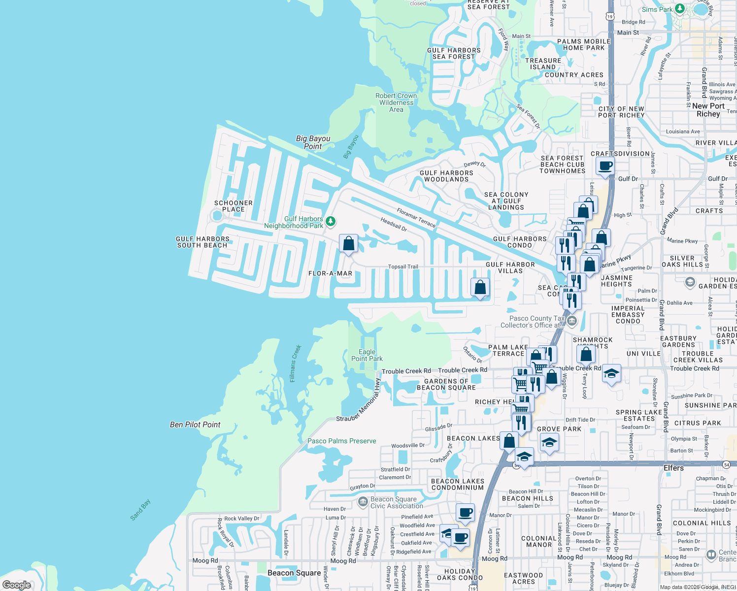 map of restaurants, bars, coffee shops, grocery stores, and more near 4948 Marlin Drive in New Port Richey