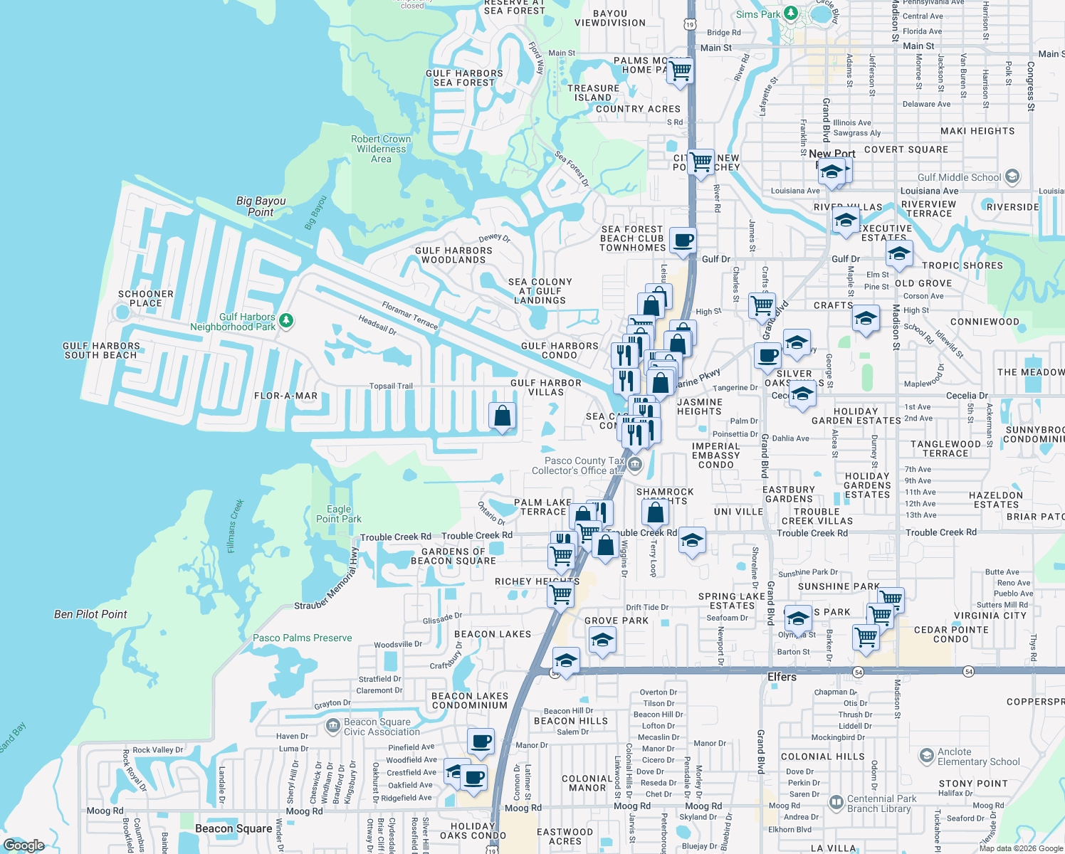 map of restaurants, bars, coffee shops, grocery stores, and more near 4631 Chamber Court in New Port Richey
