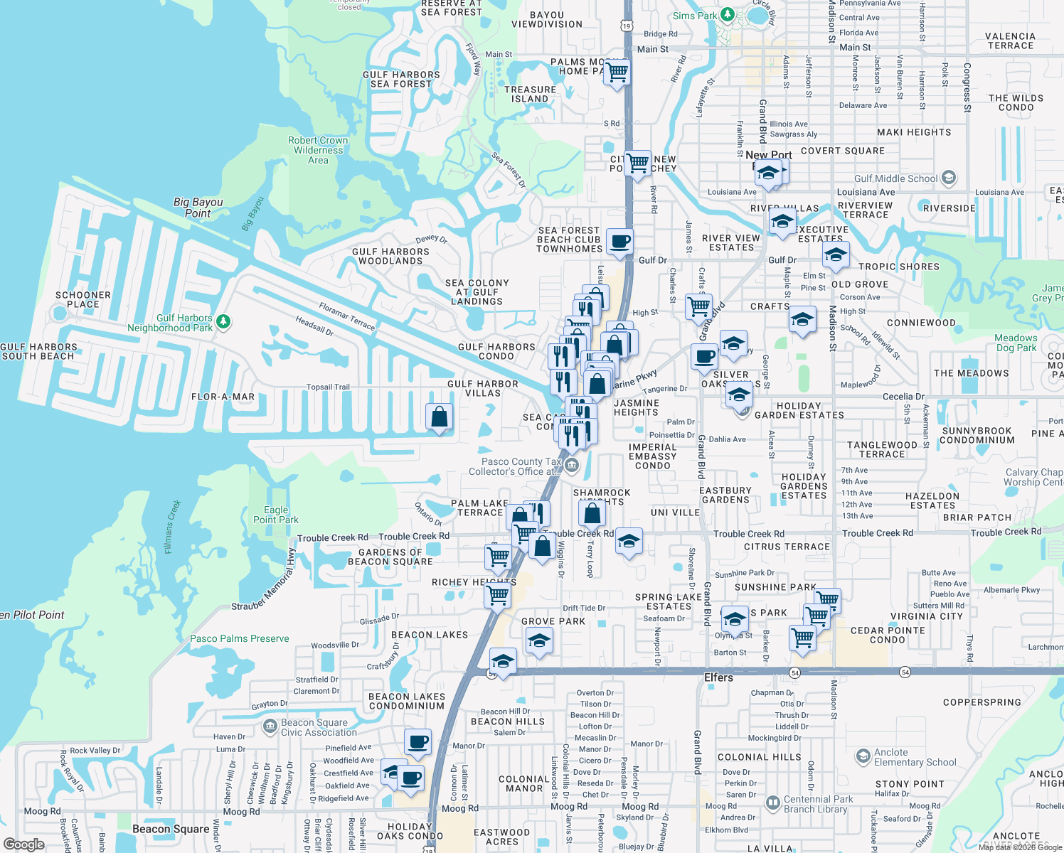 map of restaurants, bars, coffee shops, grocery stores, and more near 4844 Booth Bay Drive in New Port Richey