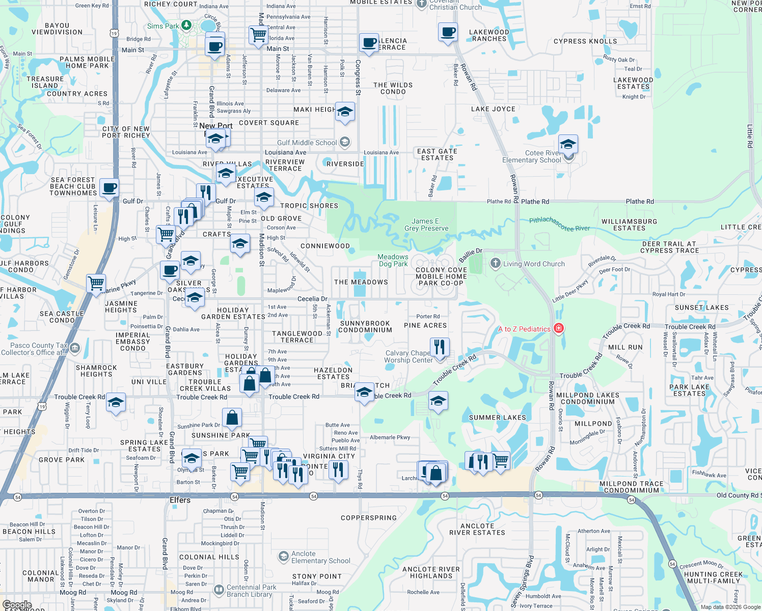 map of restaurants, bars, coffee shops, grocery stores, and more near 6600 Cecelia Drive in New Port Richey