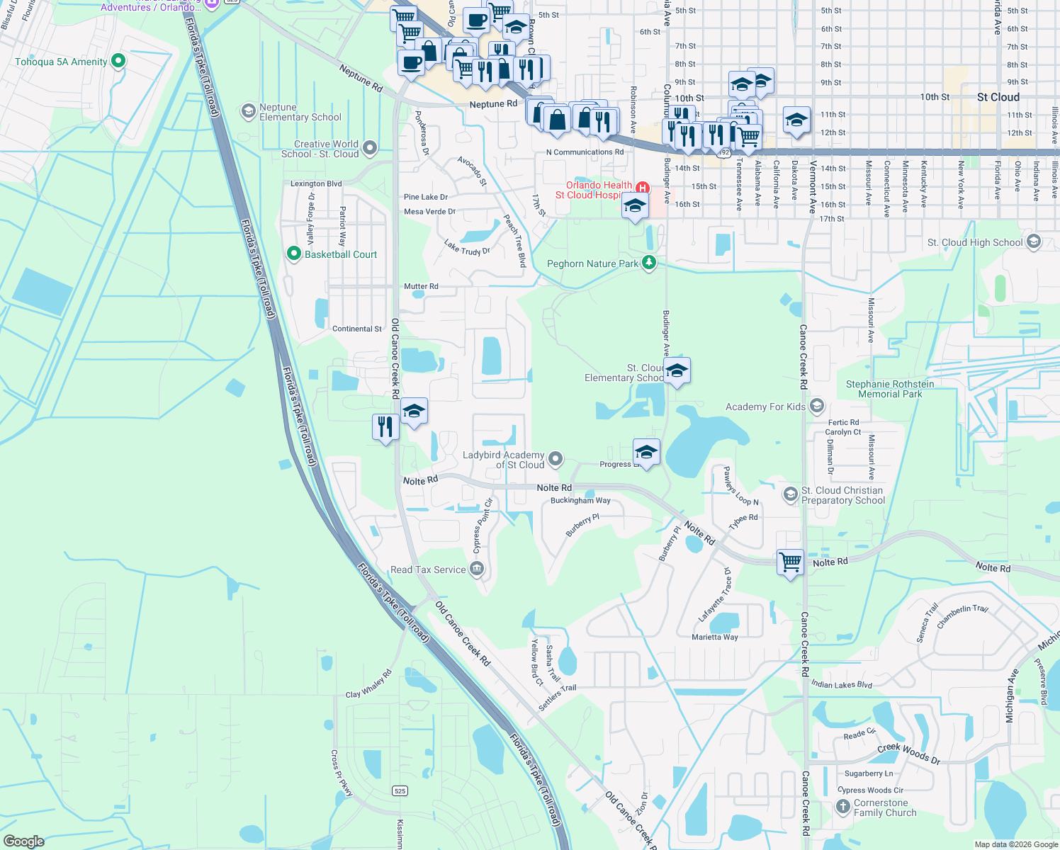map of restaurants, bars, coffee shops, grocery stores, and more near 2436 Pine Chase Circle in Saint Cloud
