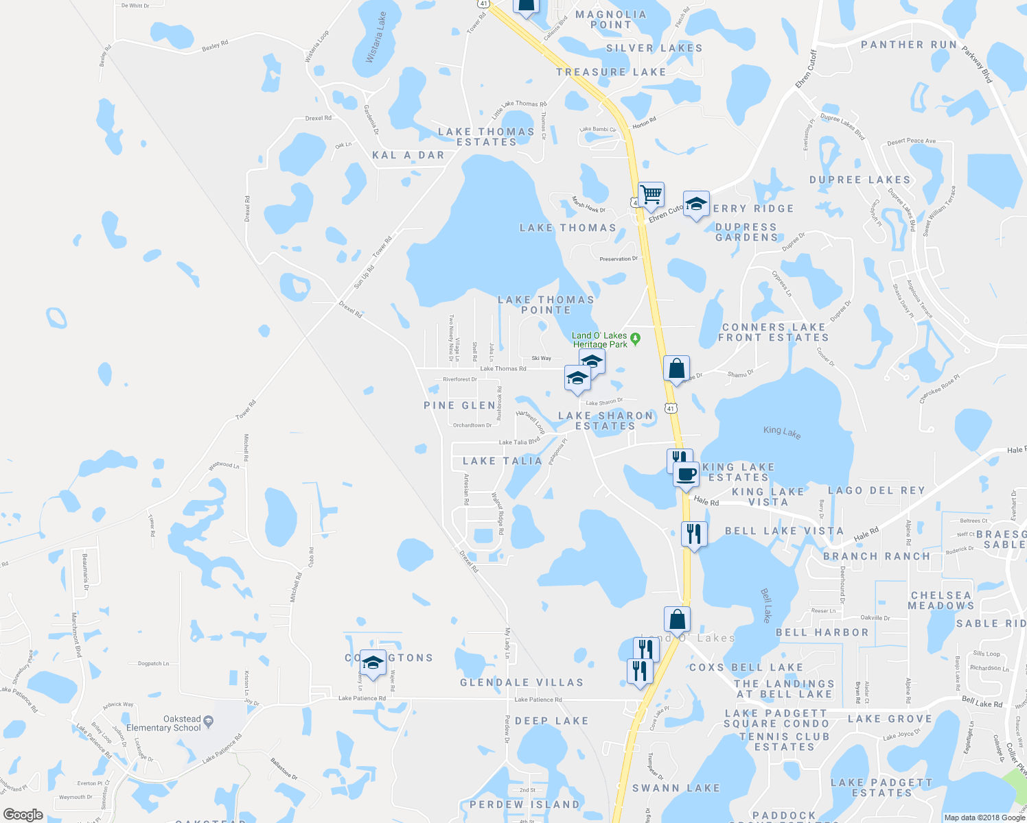 map of restaurants, bars, coffee shops, grocery stores, and more near 5045 Hartwell Loop in Land O' Lakes