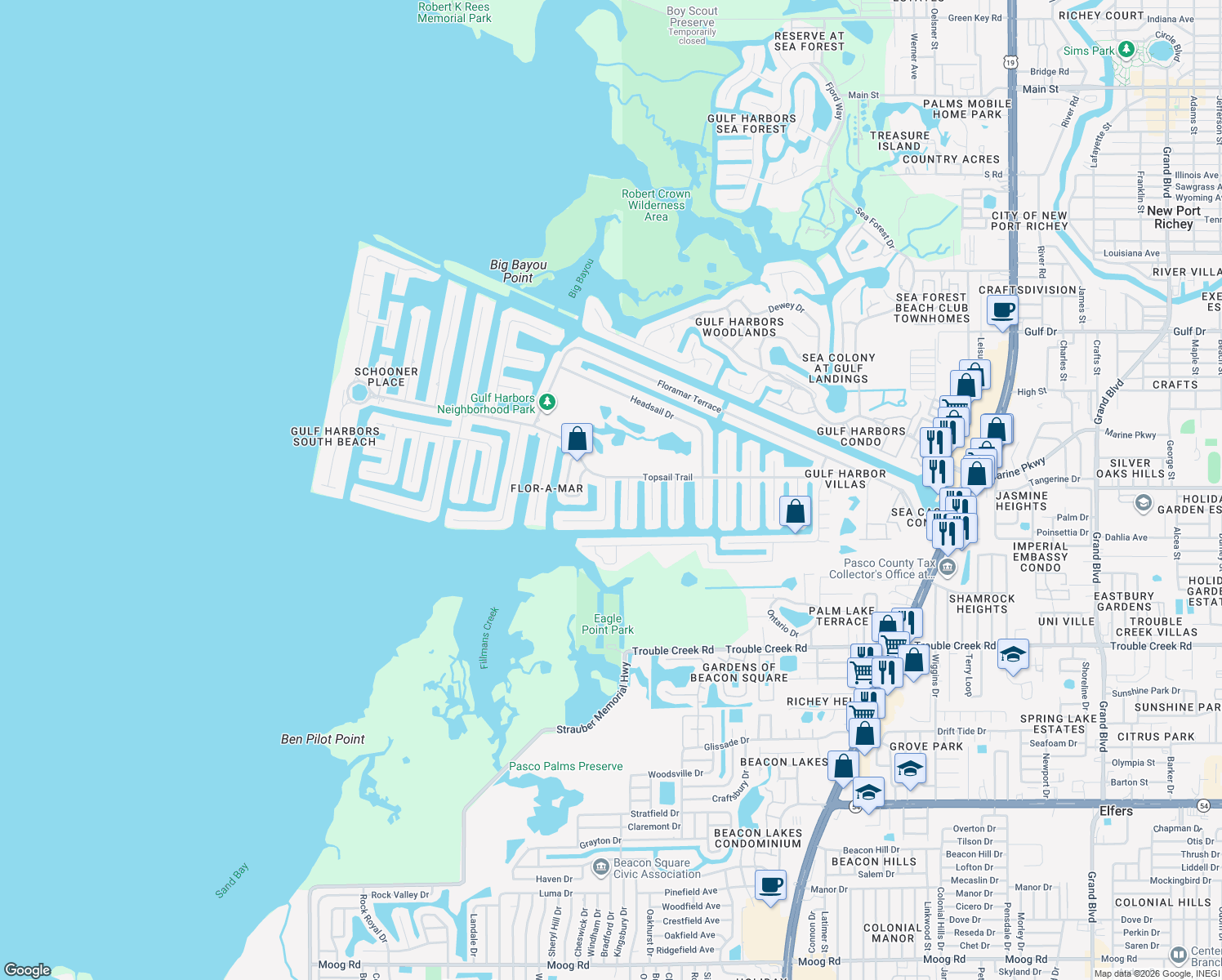 map of restaurants, bars, coffee shops, grocery stores, and more near 5000 Marlin Drive in New Port Richey