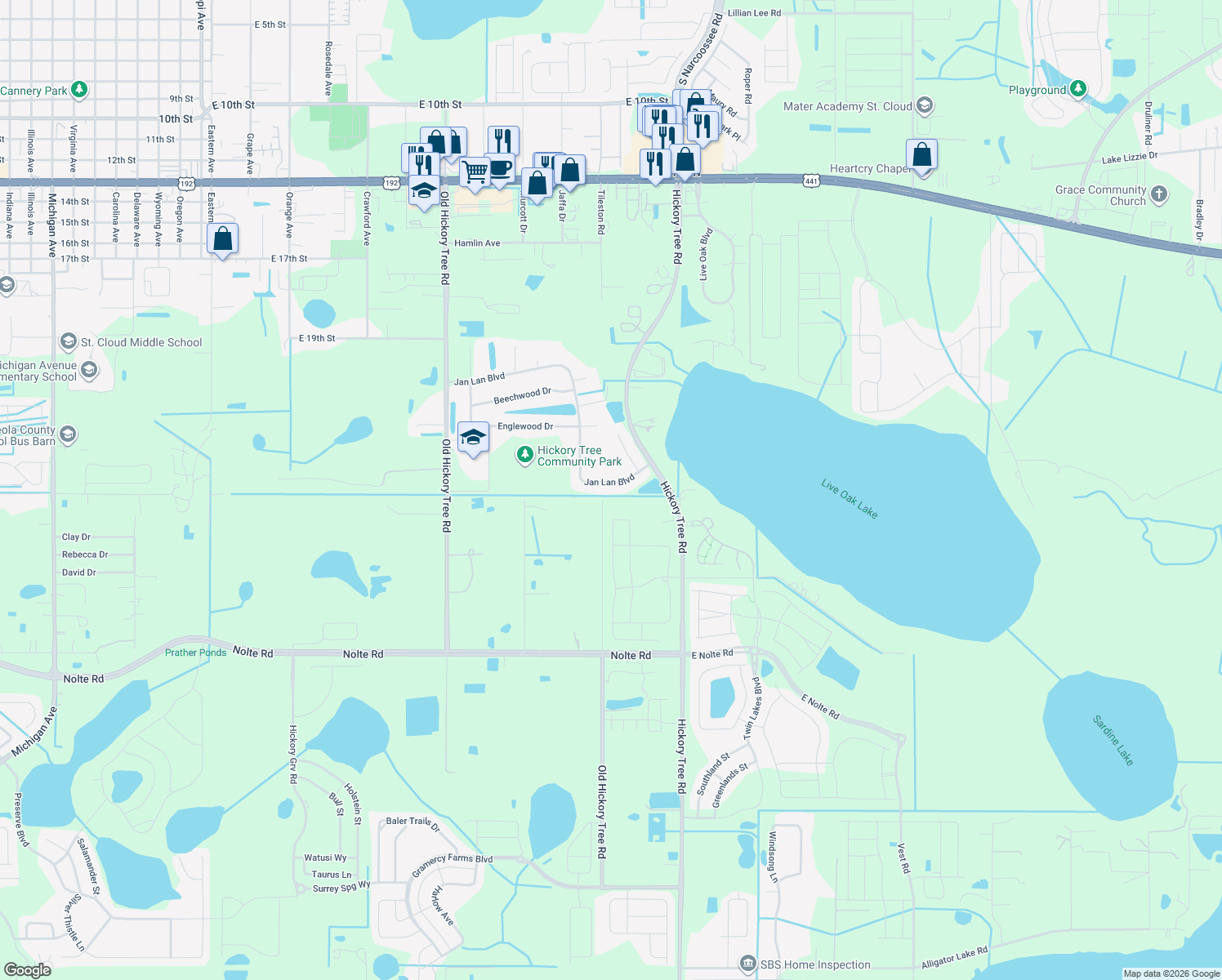map of restaurants, bars, coffee shops, grocery stores, and more near 2025 Jan Lan Boulevard in Saint Cloud