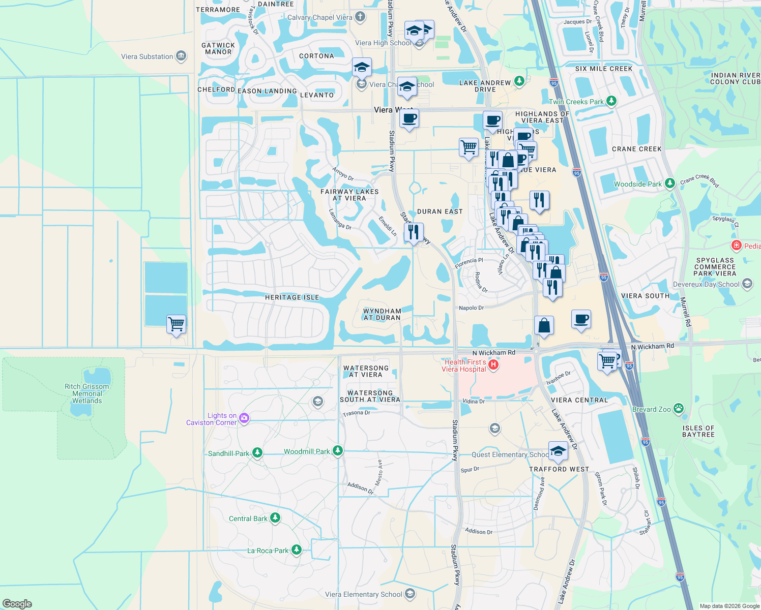 map of restaurants, bars, coffee shops, grocery stores, and more near 2868 Wyndham Way in Melbourne