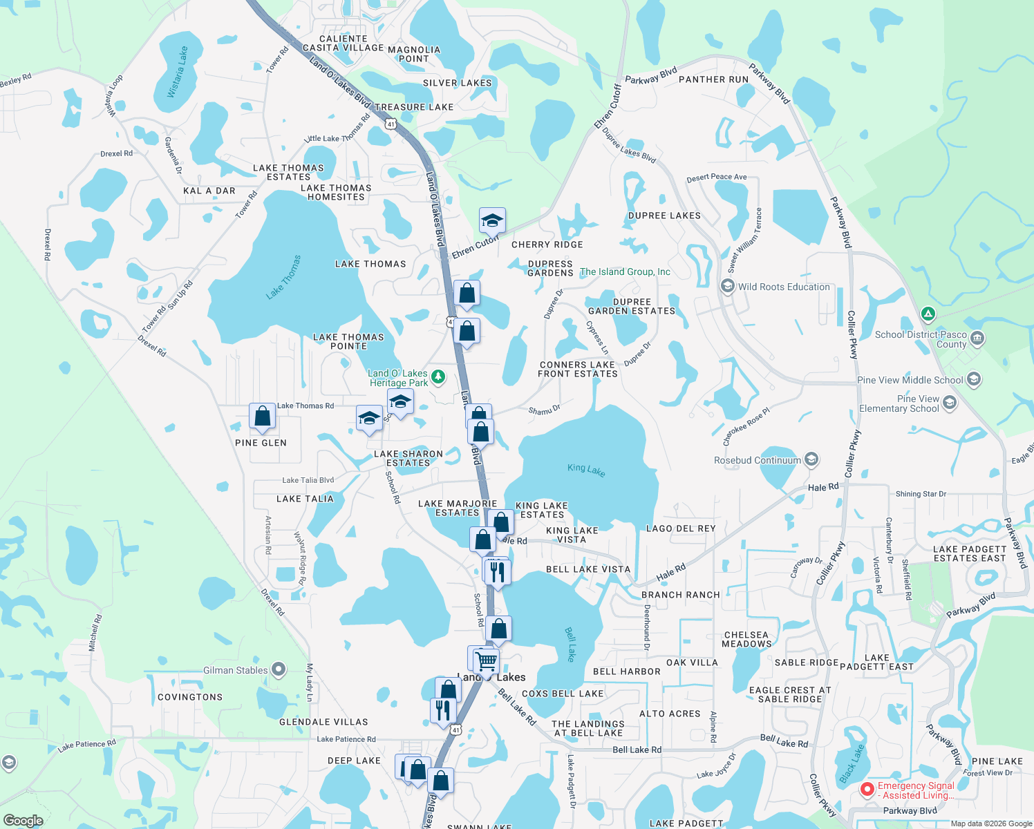 map of restaurants, bars, coffee shops, grocery stores, and more near 21823 Shamu Drive in Land O' Lakes
