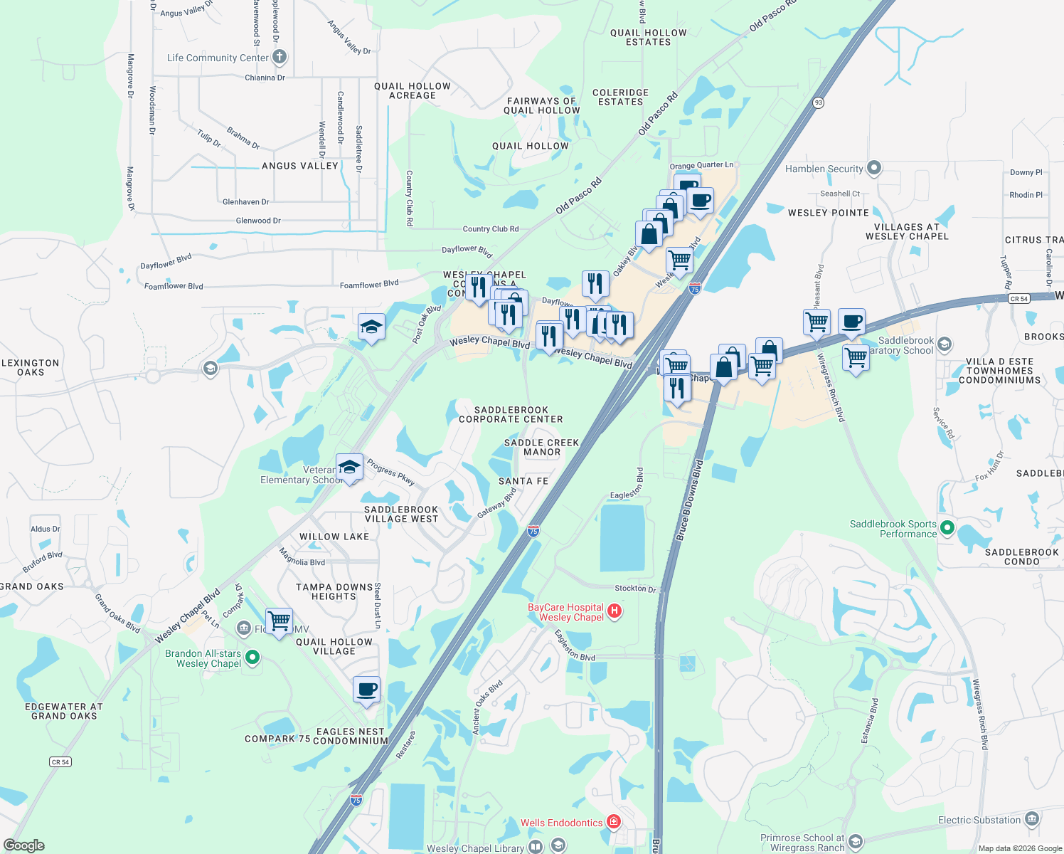 map of restaurants, bars, coffee shops, grocery stores, and more near 27531 Pleasure Ride Loop in Wesley Chapel