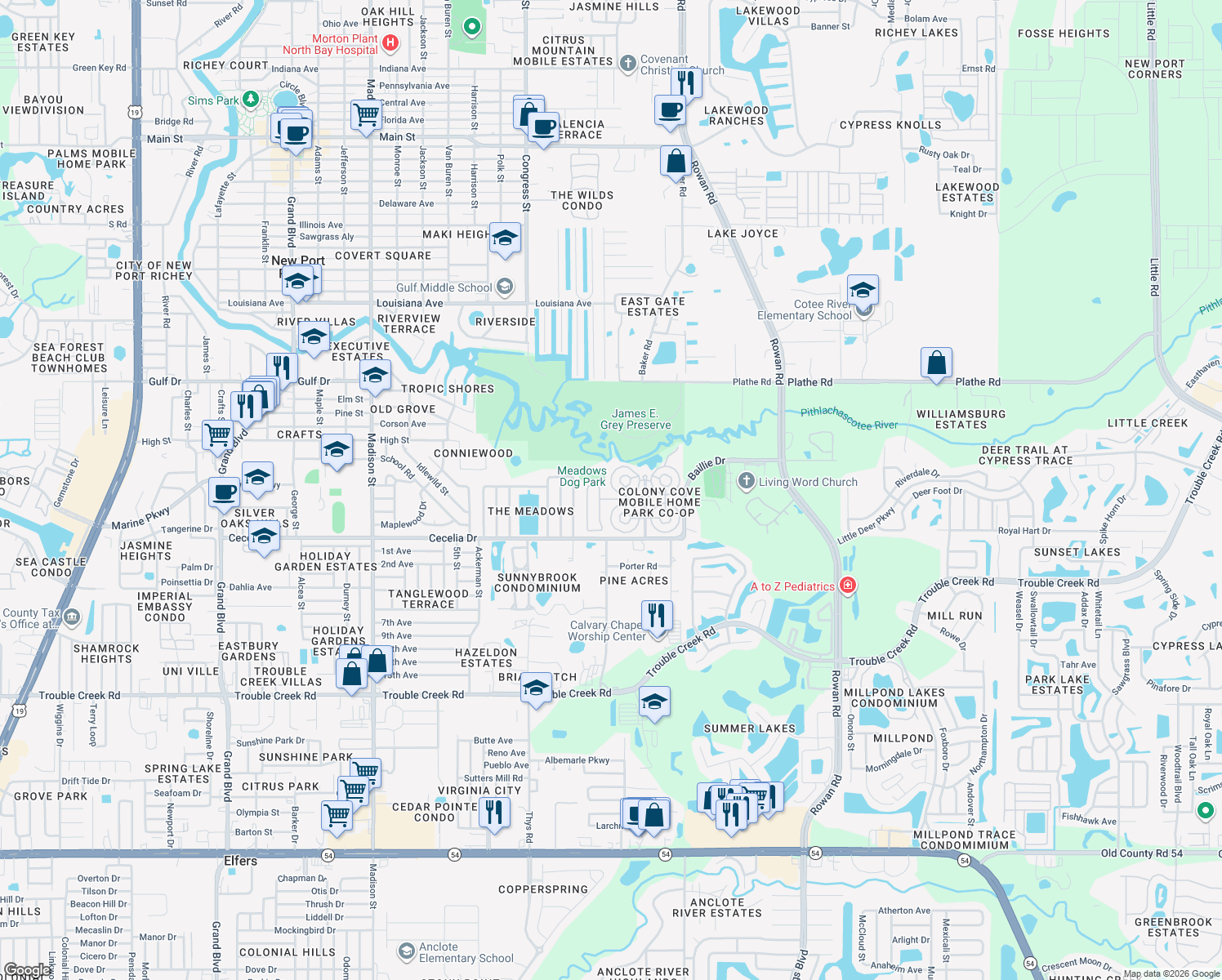 map of restaurants, bars, coffee shops, grocery stores, and more near 5168 Rubber Tree Circle in New Port Richey