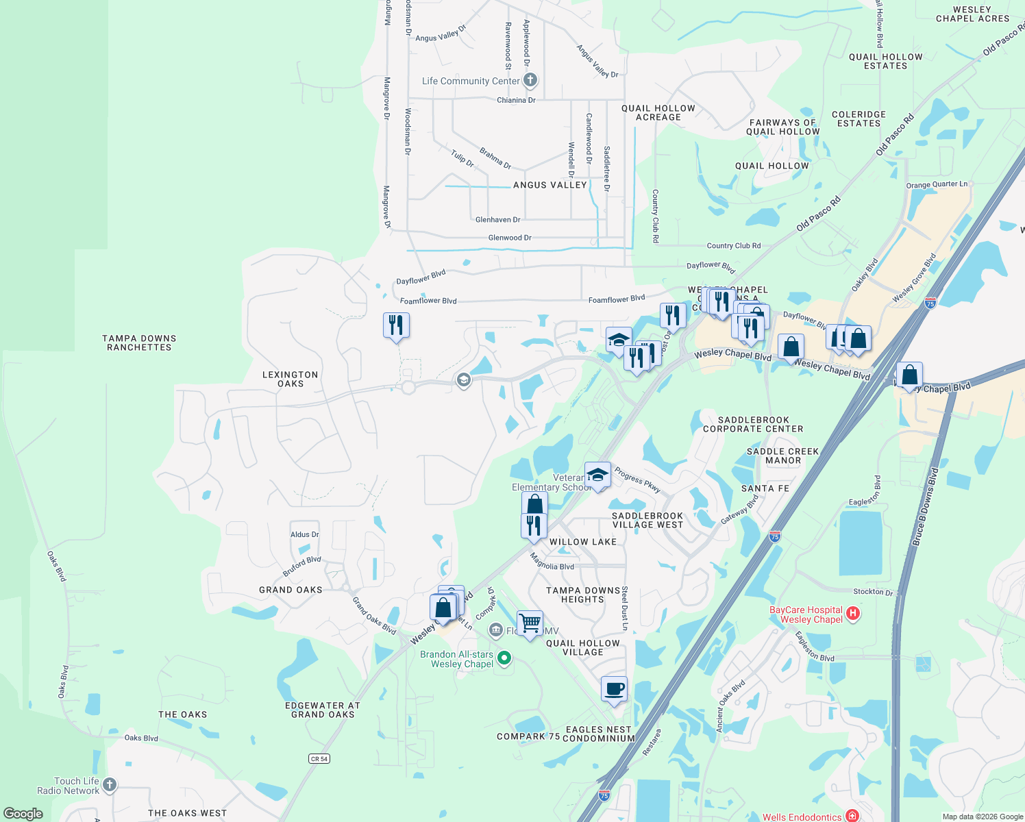 map of restaurants, bars, coffee shops, grocery stores, and more near 5345 Bold Venture Place in Wesley Chapel