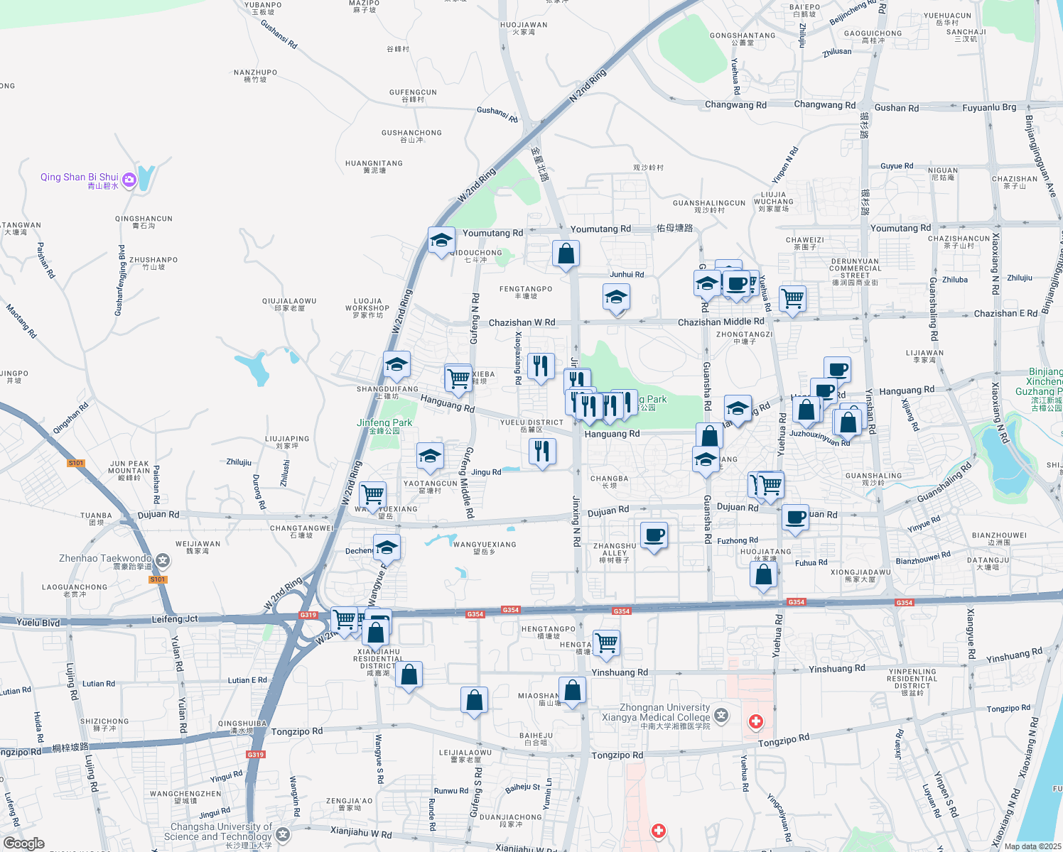 map of restaurants, bars, coffee shops, grocery stores, and more near in Changsha